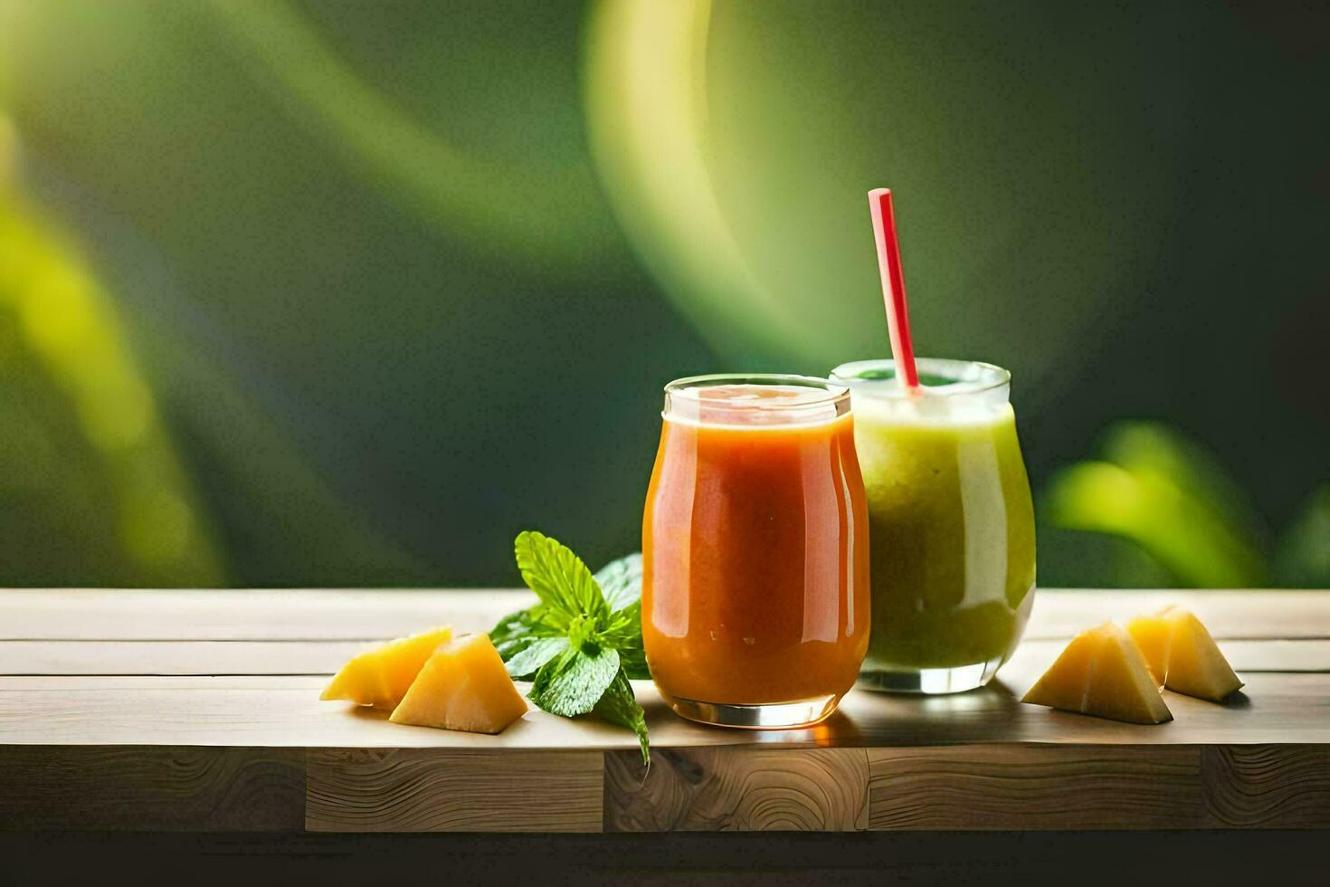 dos lentes de jugo con Fruta en un de madera mesa. generado por ai foto