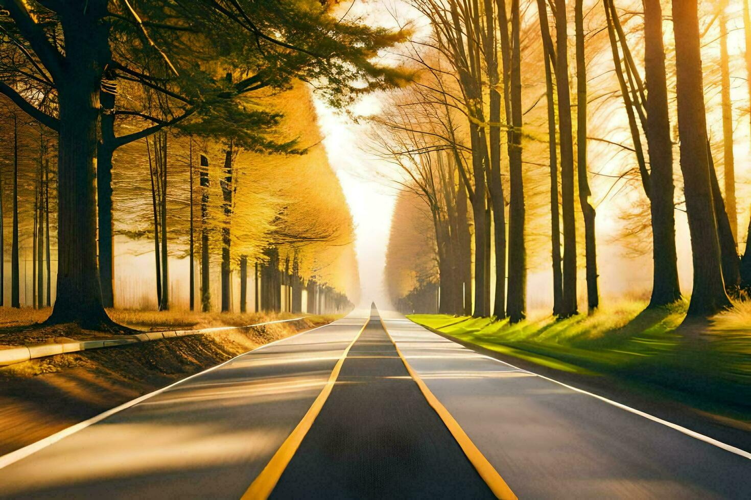 an empty road in the middle of a forest. AI-Generated photo