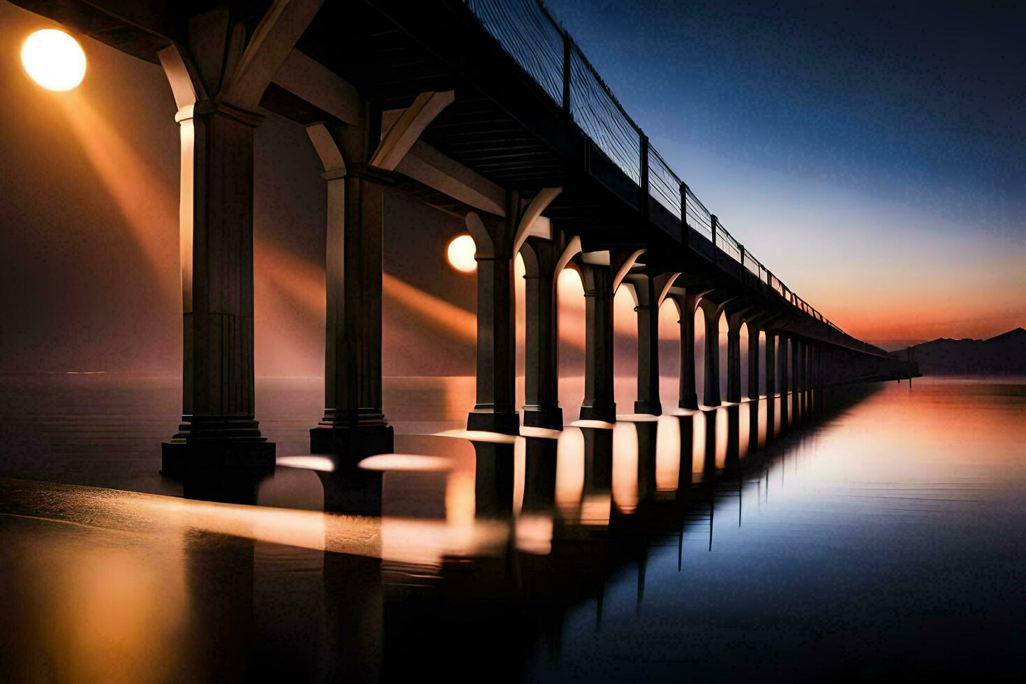 a long bridge with pillars in the water at sunset. AI-Generated photo