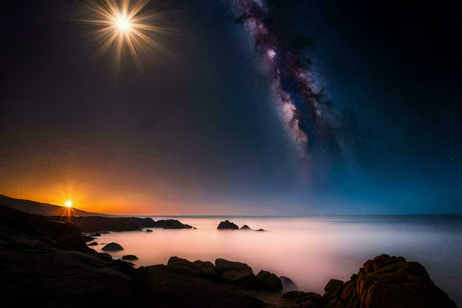 the milky way over the ocean at night. AI-Generated photo