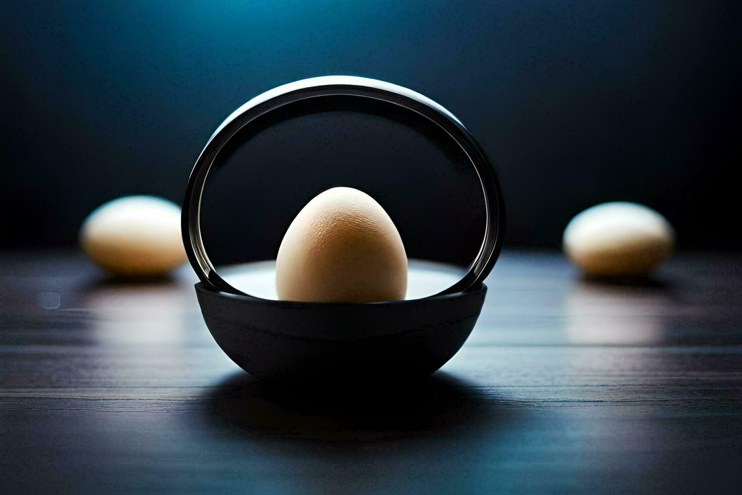an egg in a black egg holder on a table. AI-Generated photo