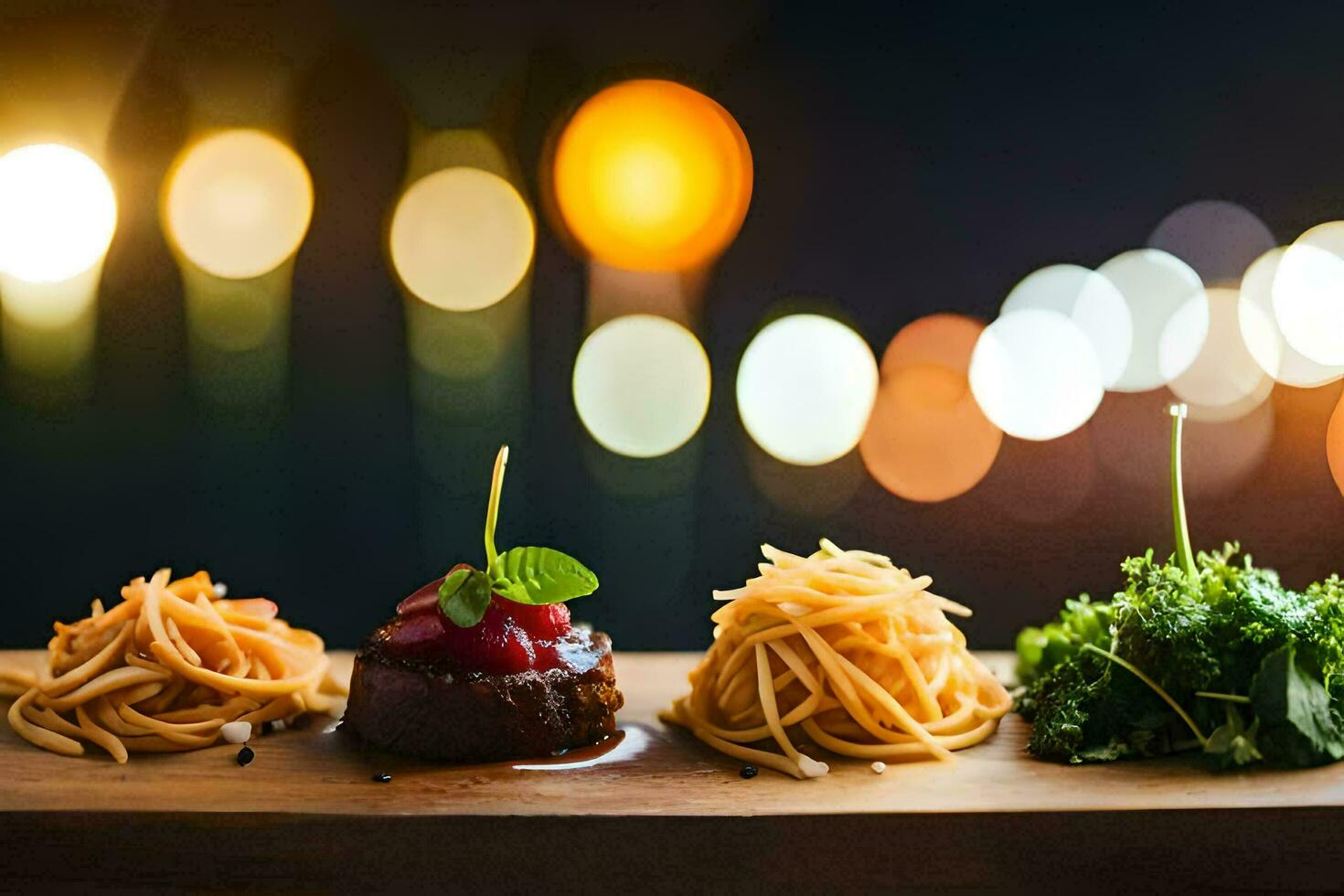 a wooden tray with food on it. AI-Generated photo