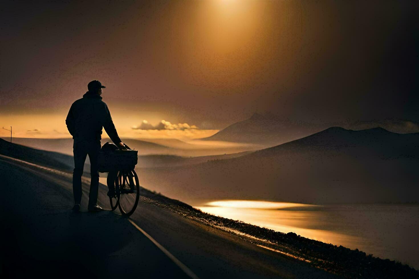 a man with a bicycle on a road at sunset. AI-Generated photo