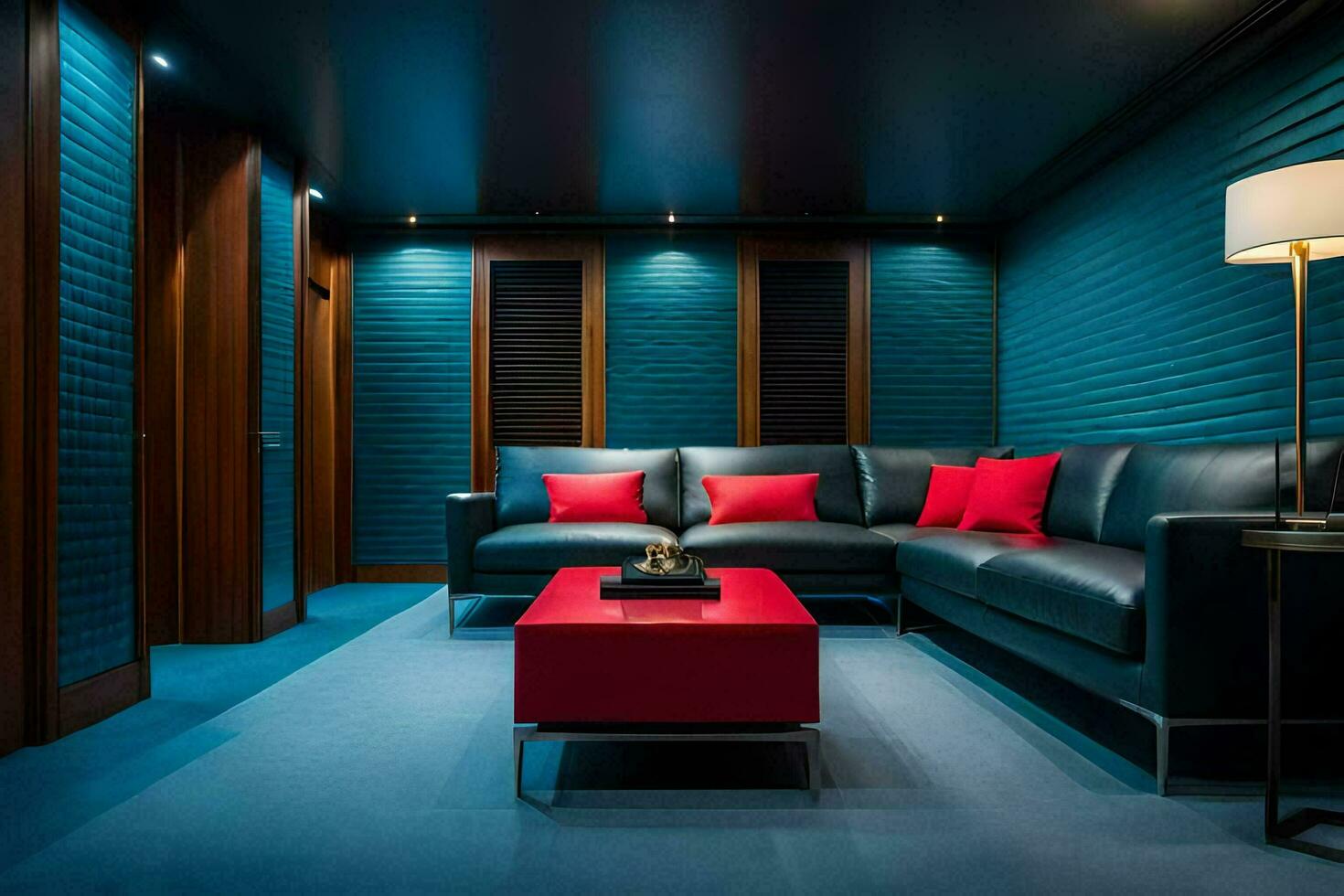 the home theater room features a blue wall and red accents. AI-Generated photo