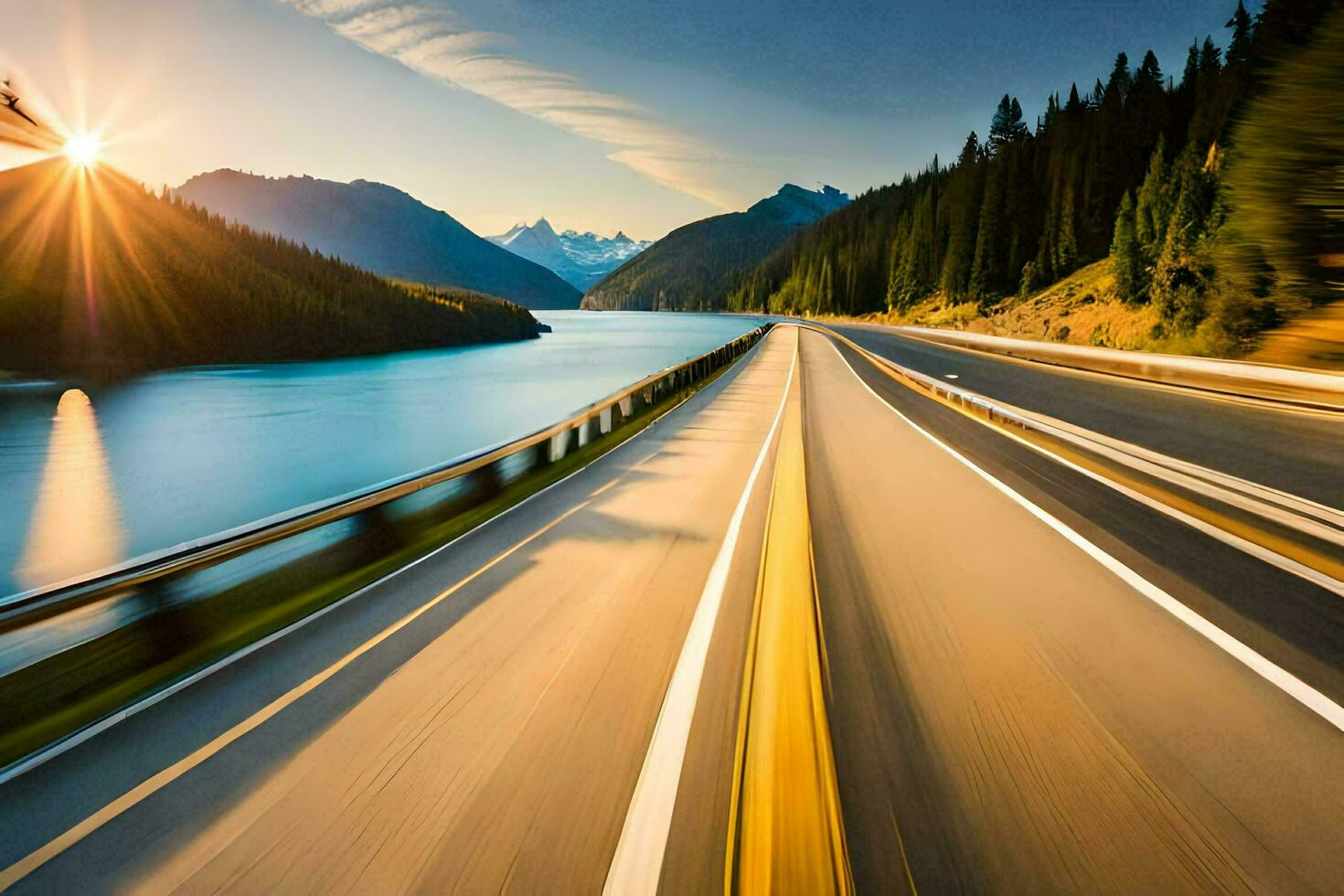 a highway with the sun shining on it. AI-Generated photo