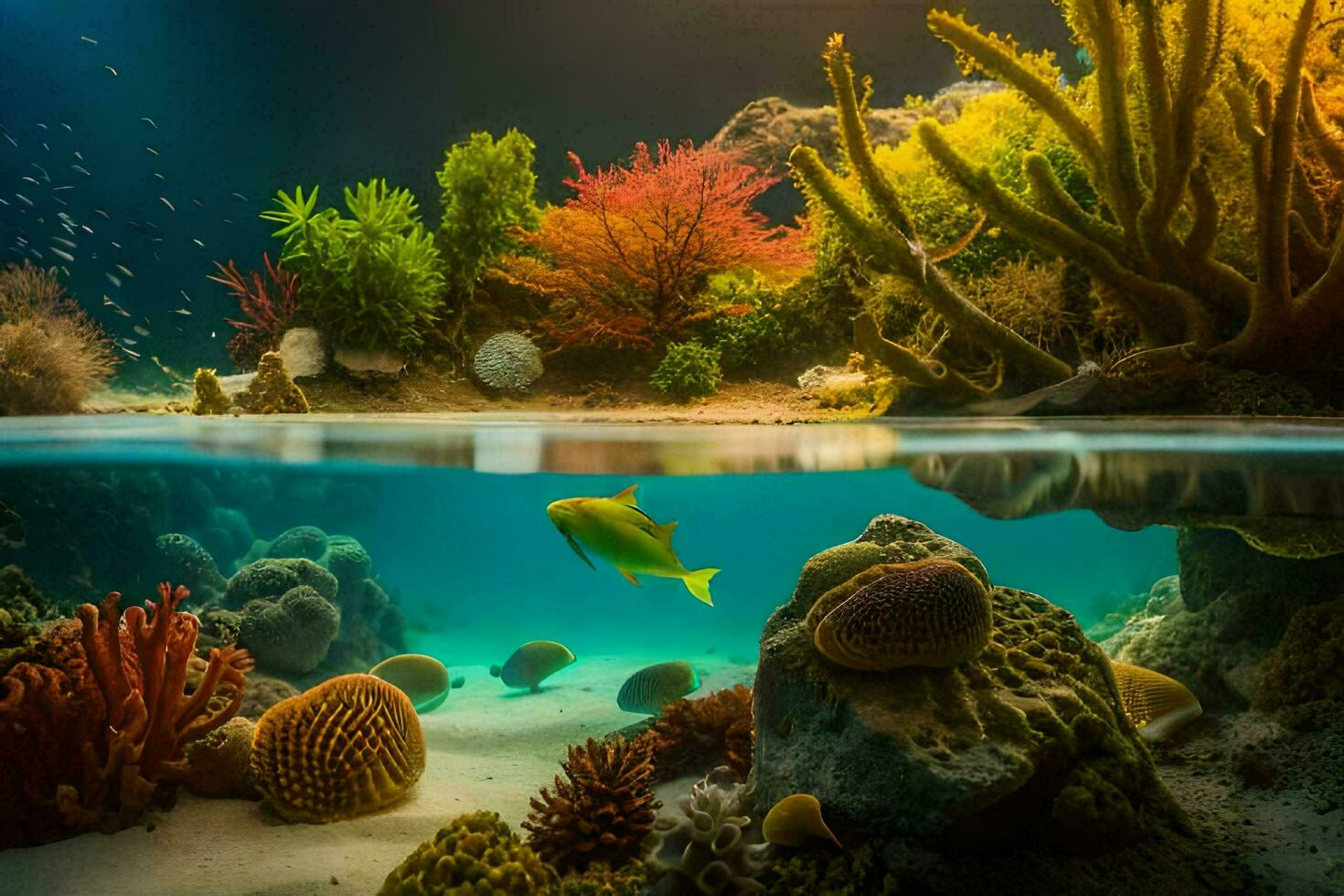 an underwater scene with coral reefs and fish. AI-Generated photo