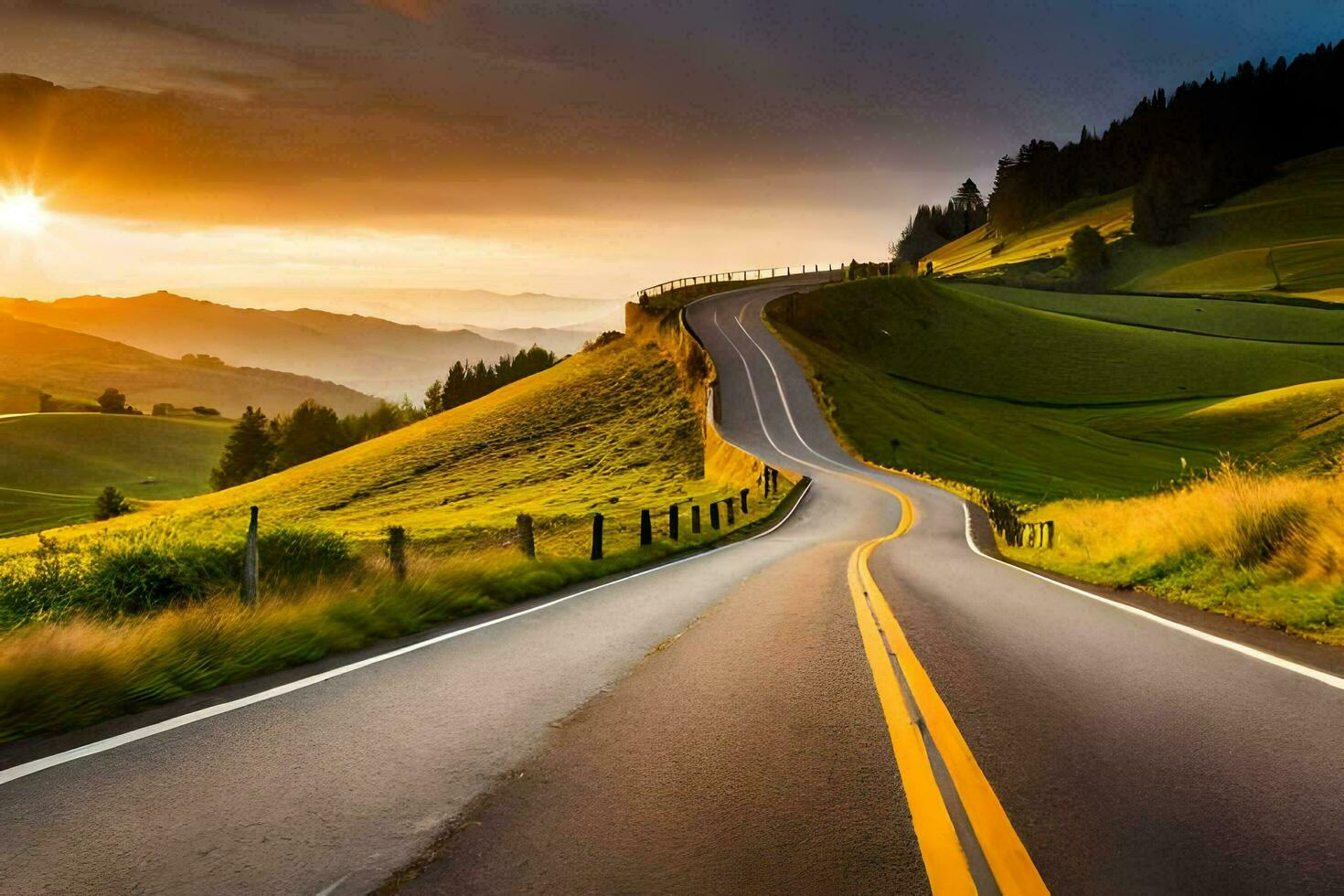 a road in the mountains with the sun setting. AI-Generated photo