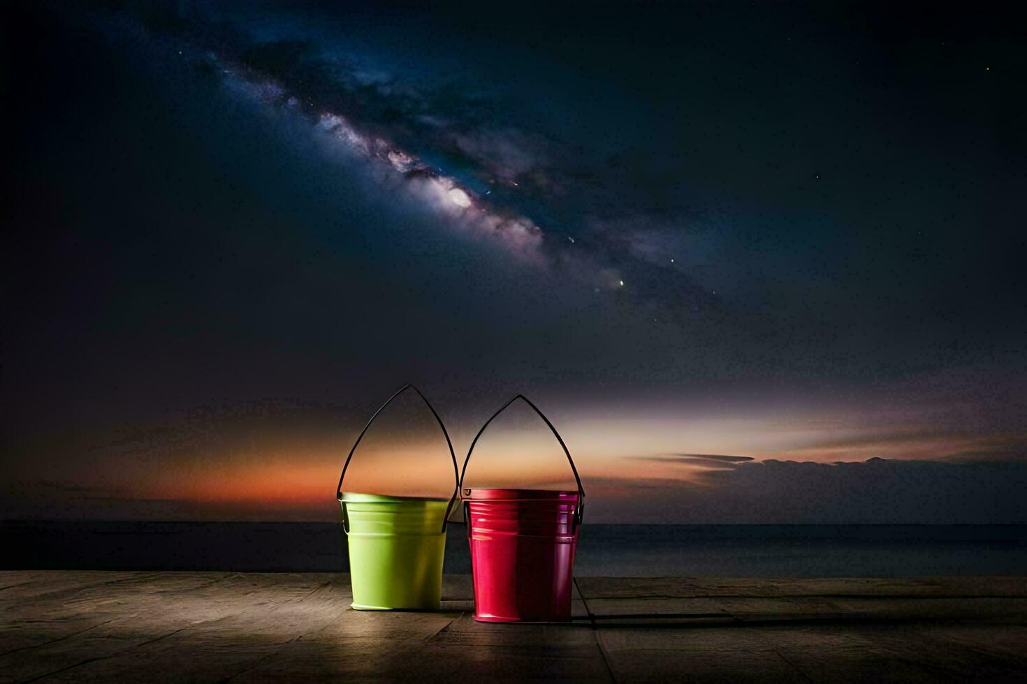 two buckets sit on a wooden floor with a milky sky in the background. AI-Generated photo