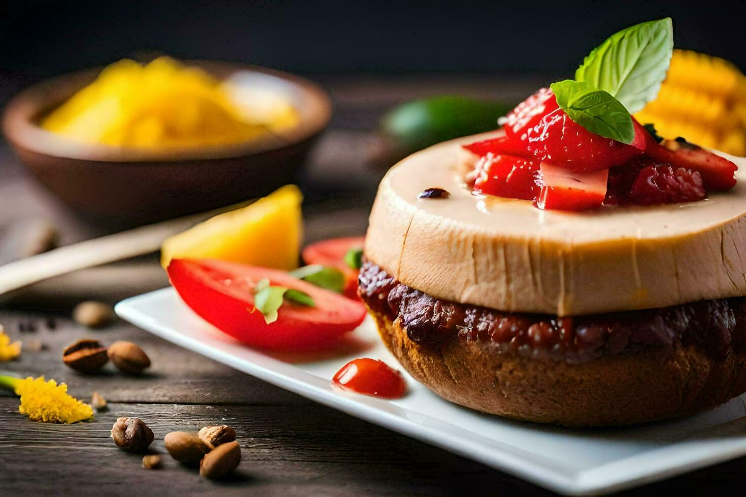 un postre con fresas y mangos. generado por ai foto
