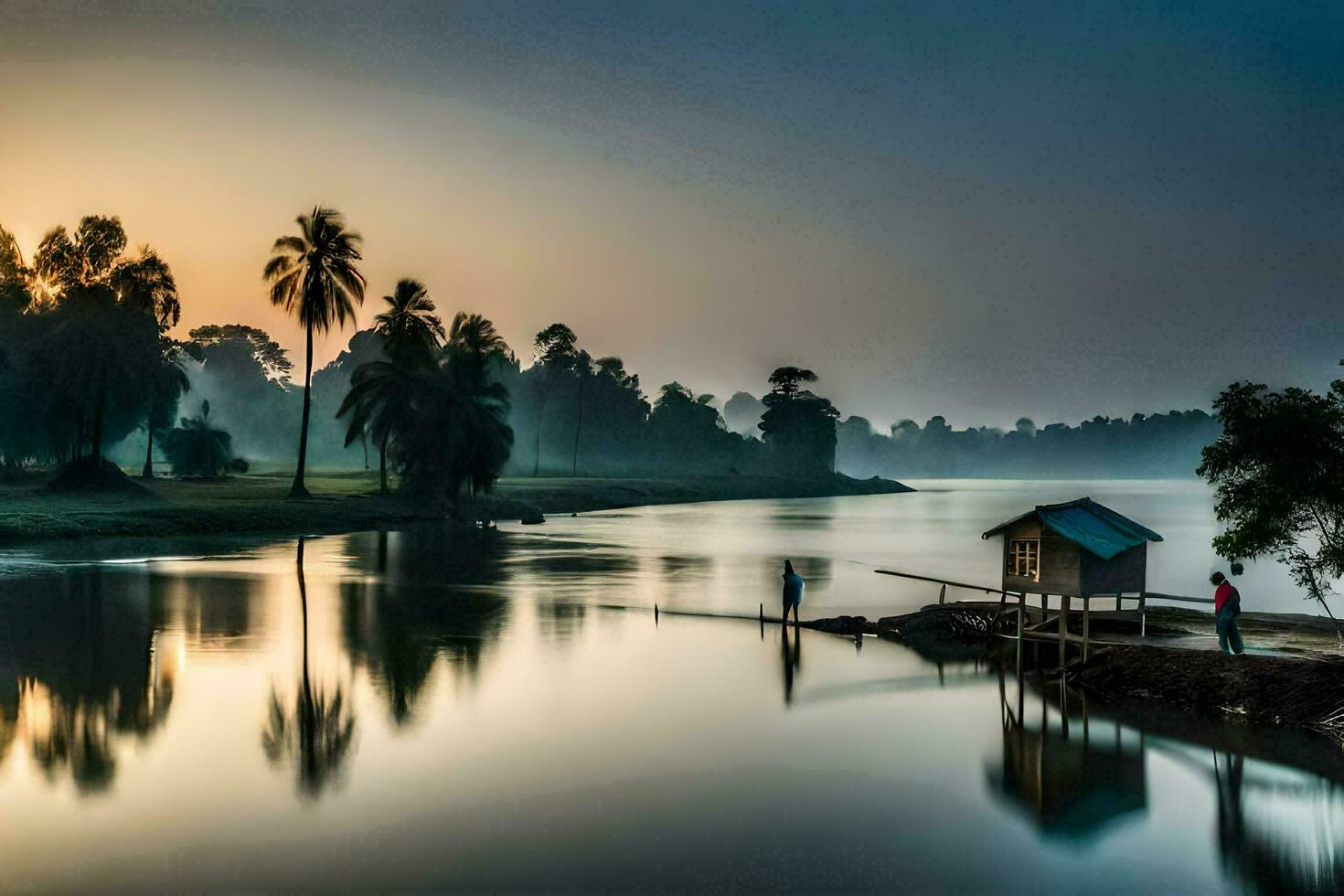 a boat dock and palm trees on the water at sunrise. AI-Generated photo