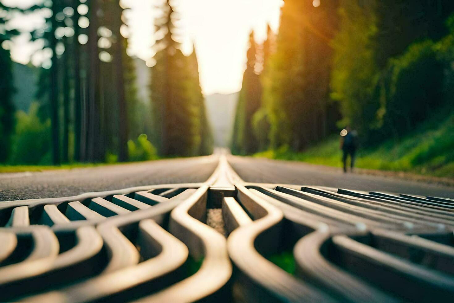 a man walking on a road with a long line of metal pipes. AI-Generated photo