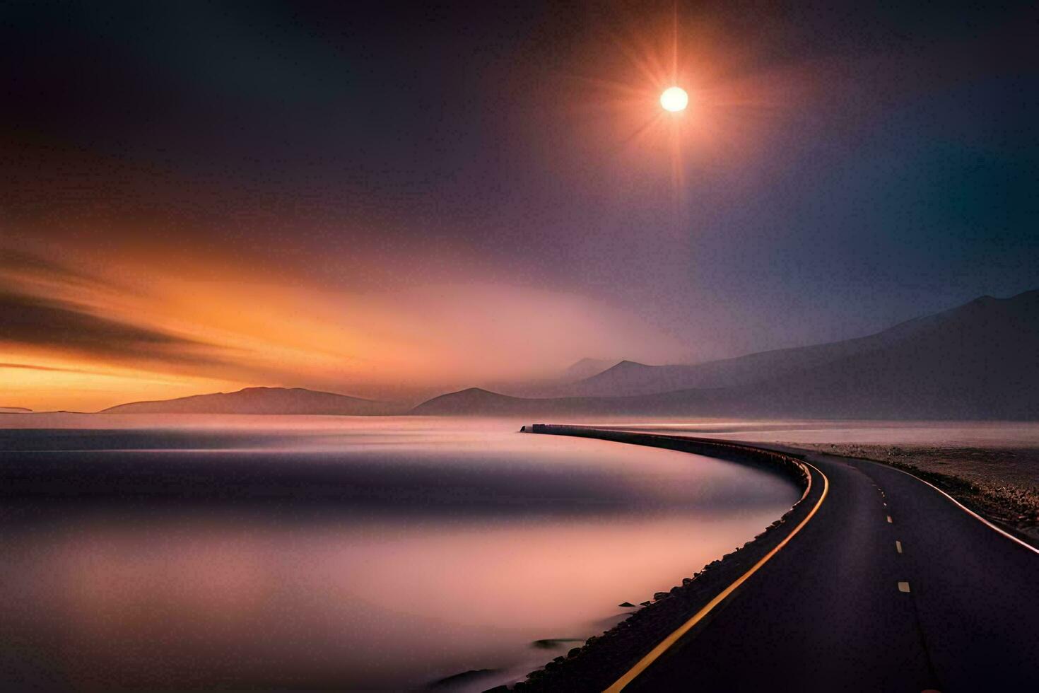 a long road stretches out into the ocean at sunset. AI-Generated photo