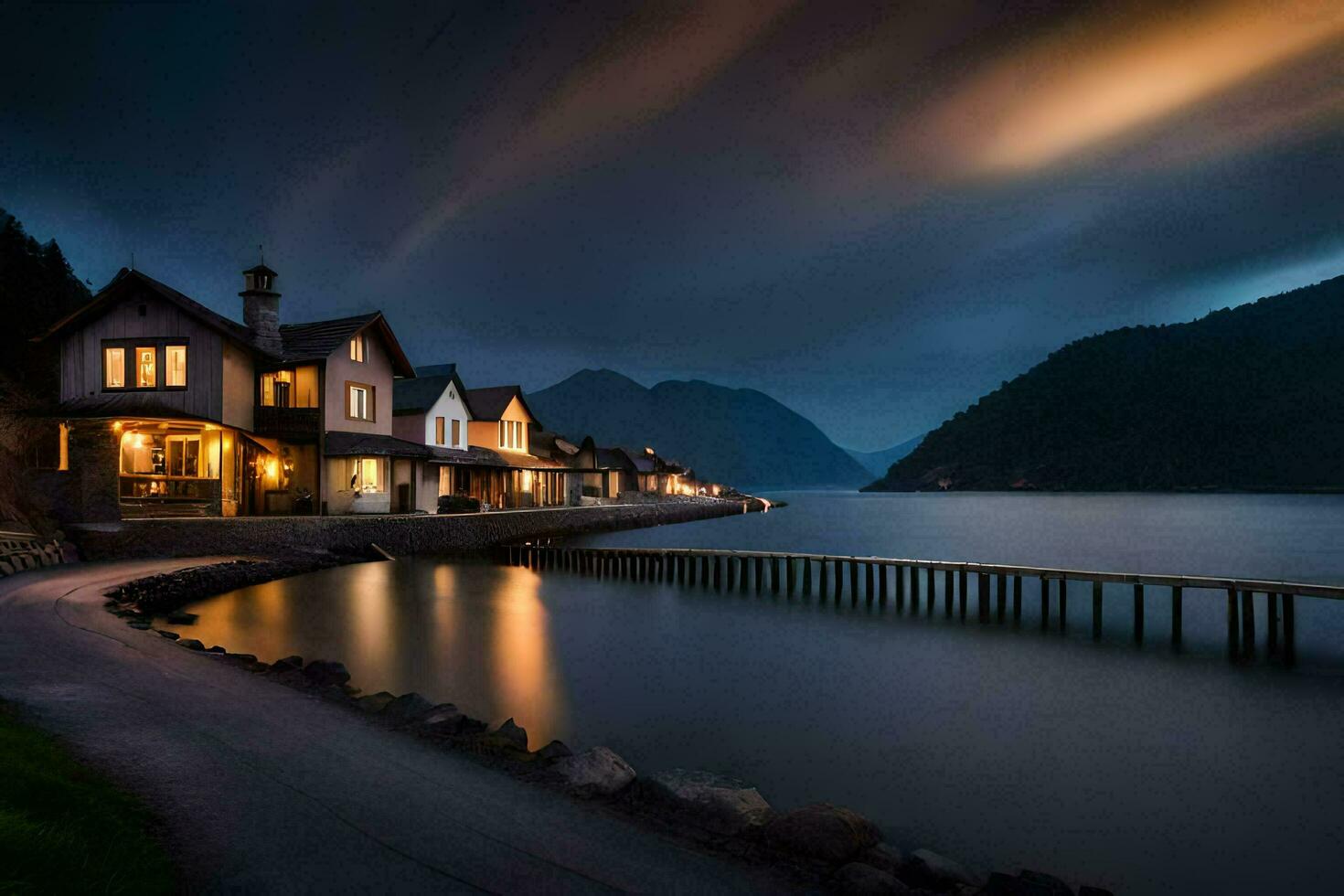 foto fondo de pantalla el cielo, noche, casa, el agua, Noruega, Noruega, el. generado por ai