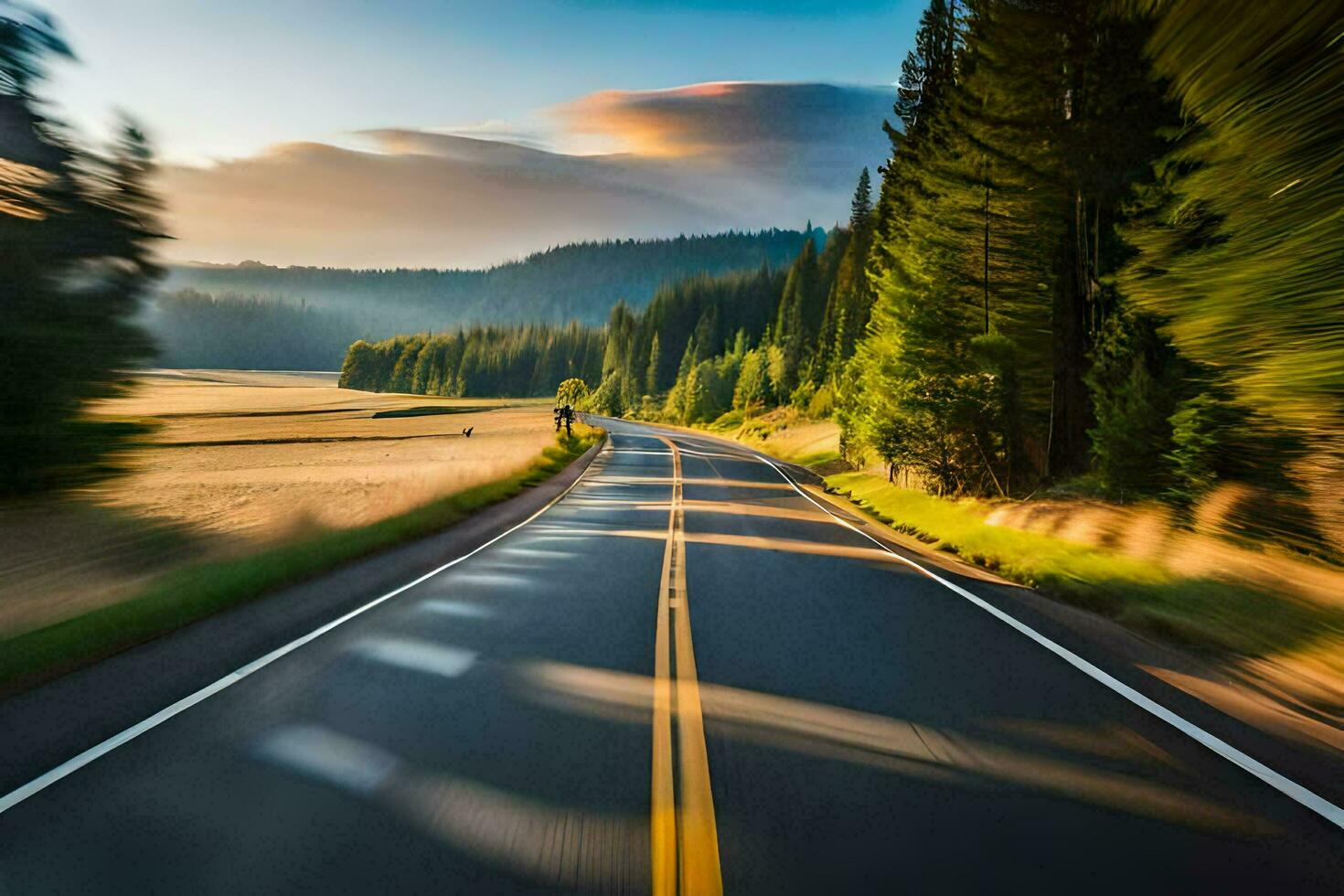 un la carretera en el montañas con arboles y un Dom ajuste. generado por ai foto