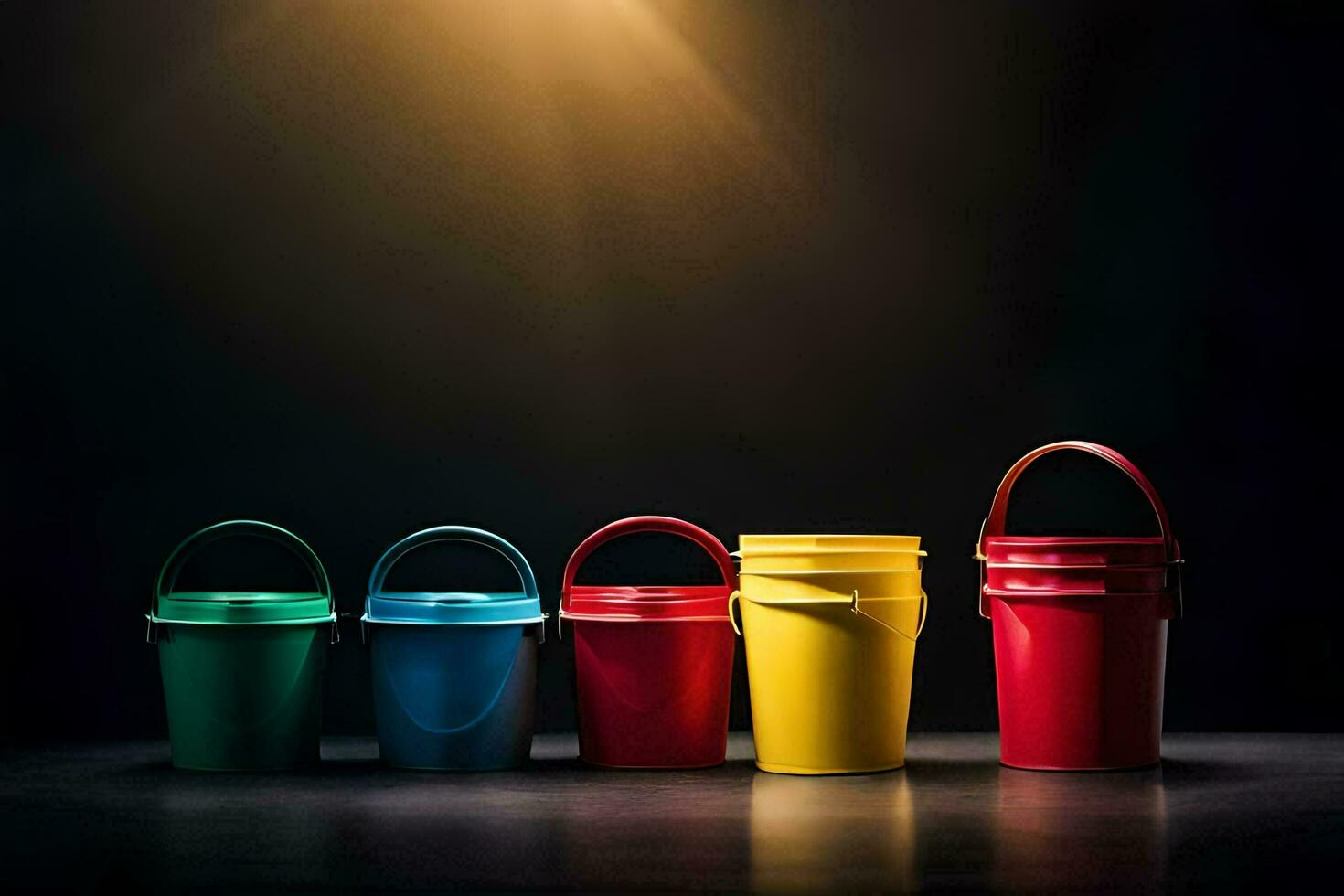 five colorful buckets on a dark background. AI-Generated photo