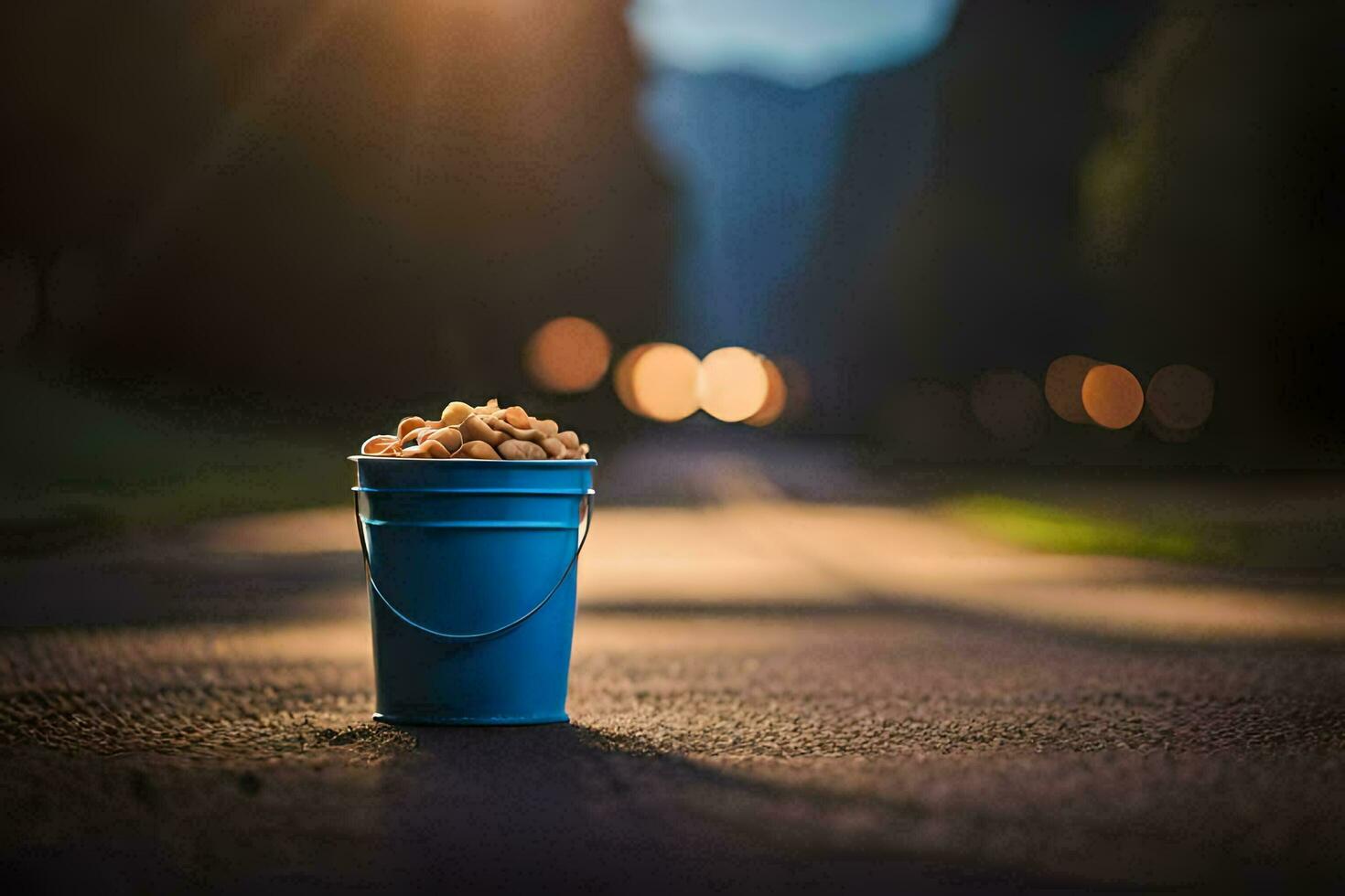 a bucket of peanuts on the road. AI-Generated photo