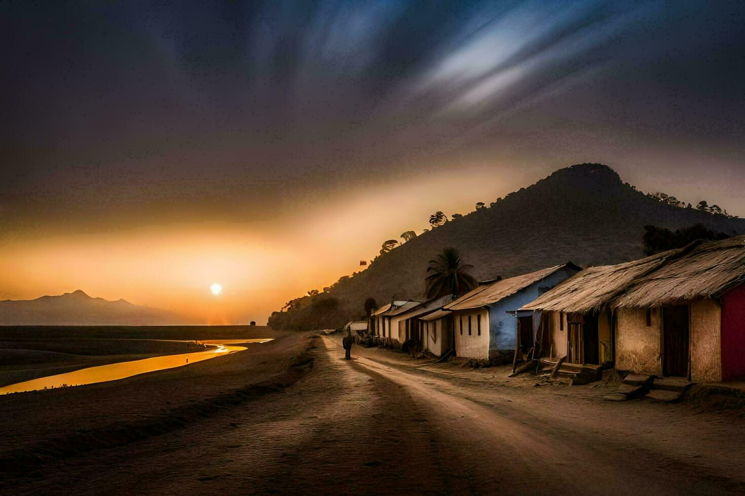 a road leading to a village at sunset. AI-Generated photo