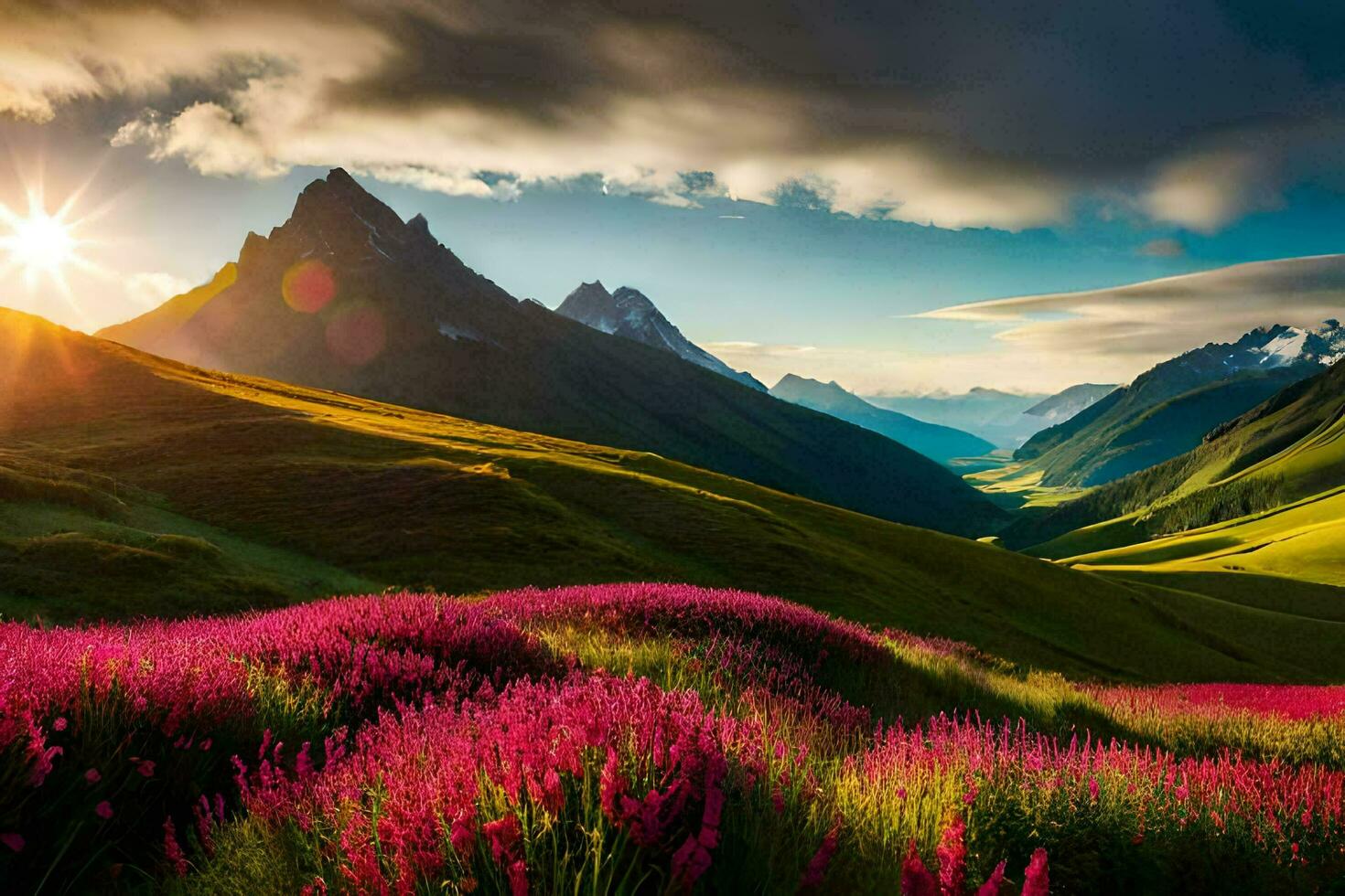the sun shines on the mountains and flowers in the valley. AI-Generated photo