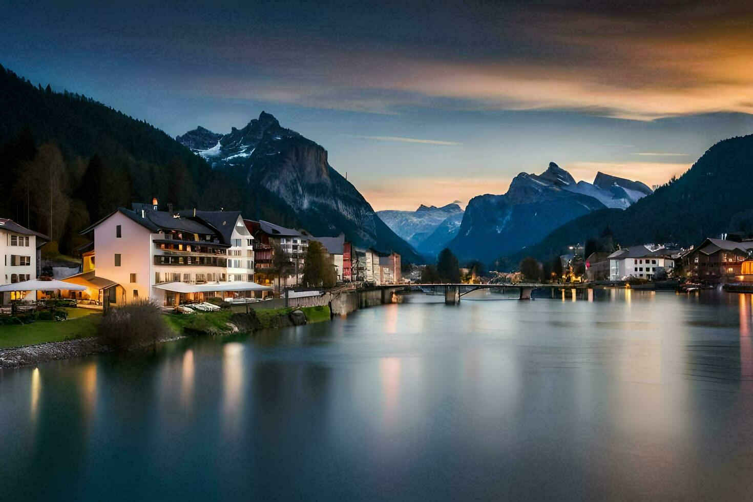 el Dom conjuntos terminado un río y montañas en el antecedentes. generado por ai foto