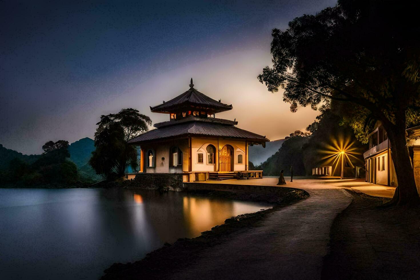 a pagoda sits on the side of a lake at night. AI-Generated photo