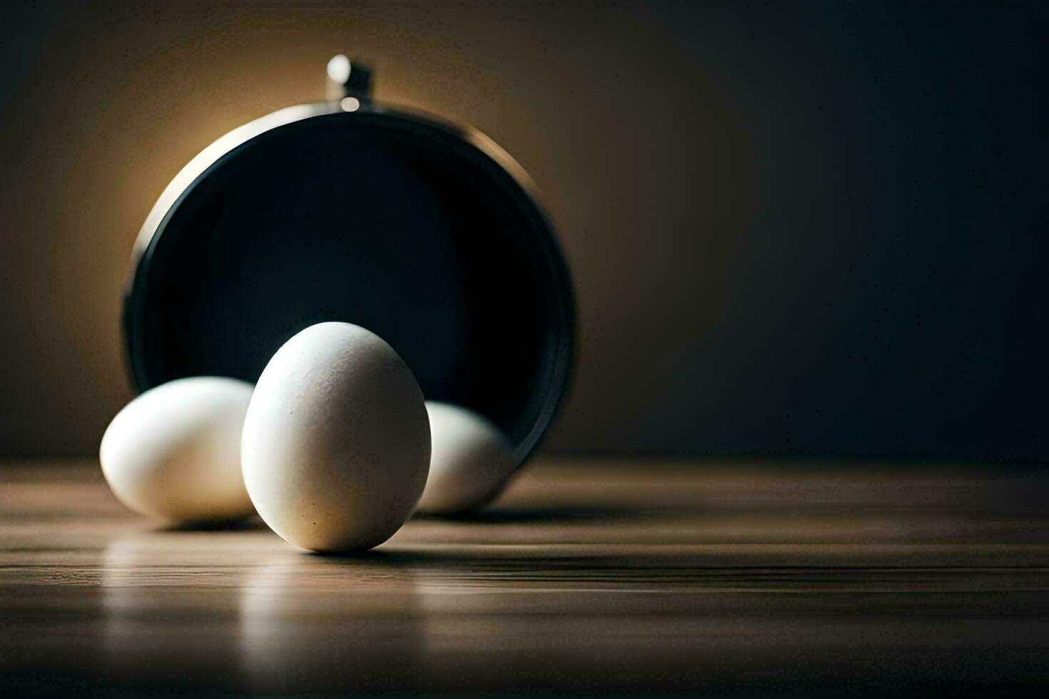 three eggs sit on a table next to a black purse. AI-Generated photo