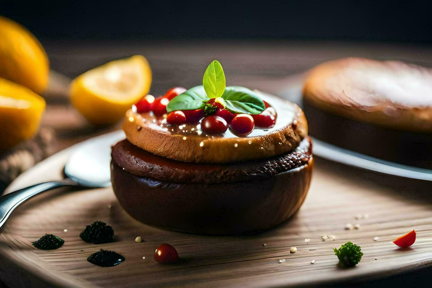 un postre con bayas y un cuchara en un de madera tablero. generado por ai foto
