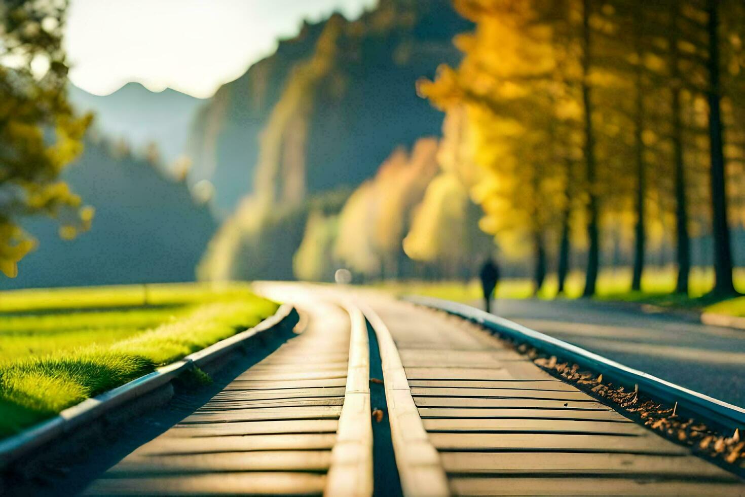 a long train track in the middle of a field. AI-Generated photo