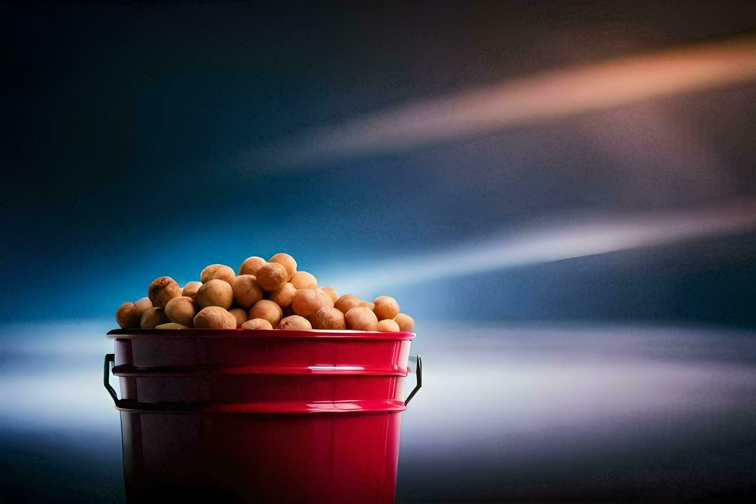 a bucket full of peanuts on a dark background. AI-Generated photo