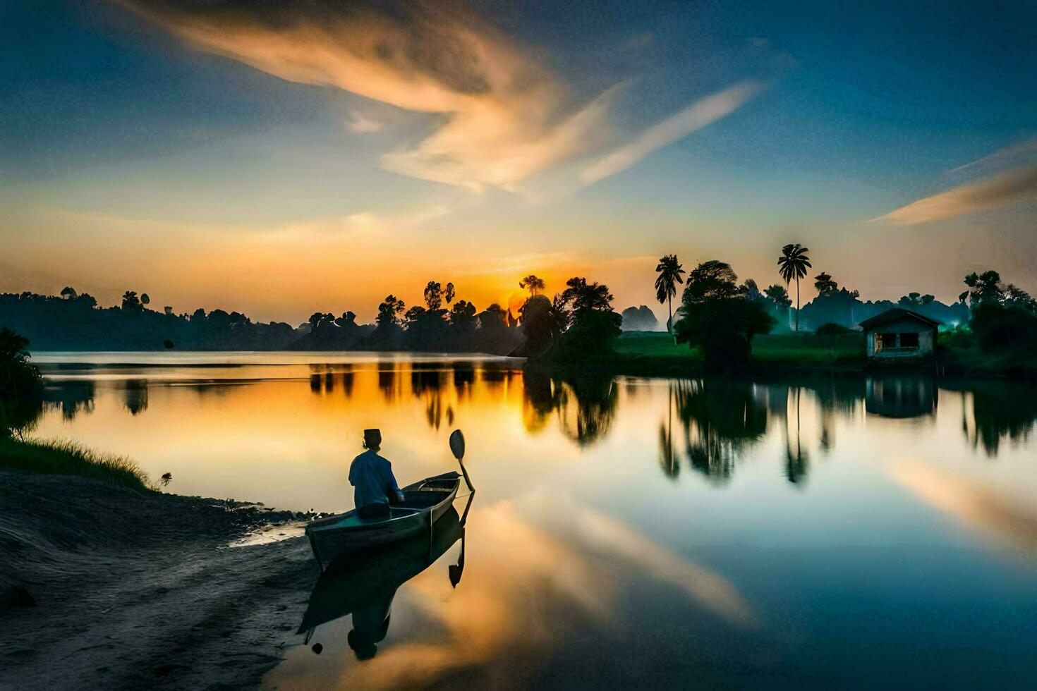 a man in a boat at sunset on a lake. AI-Generated photo