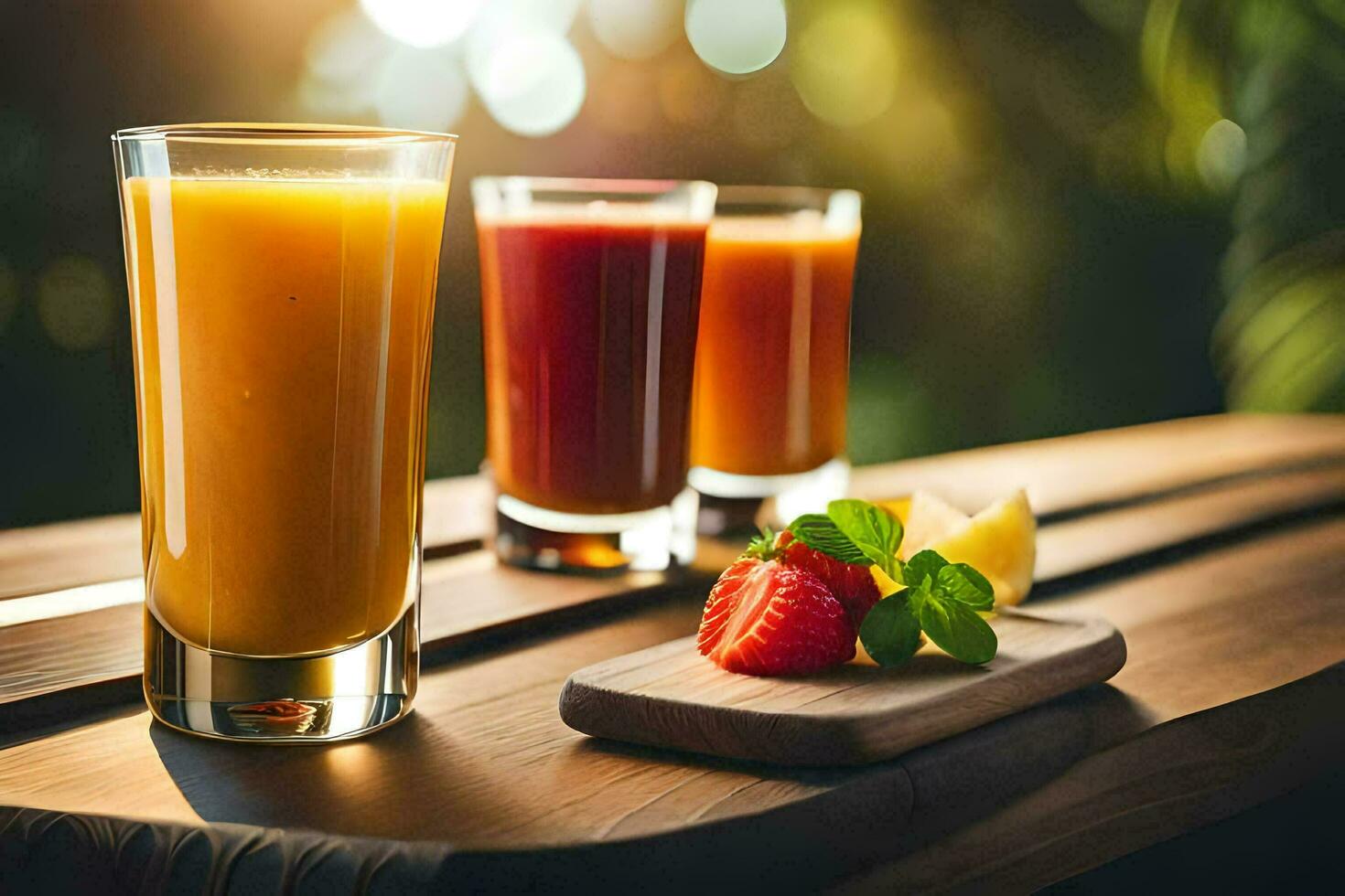 three glasses of juice on a wooden table. AI-Generated photo