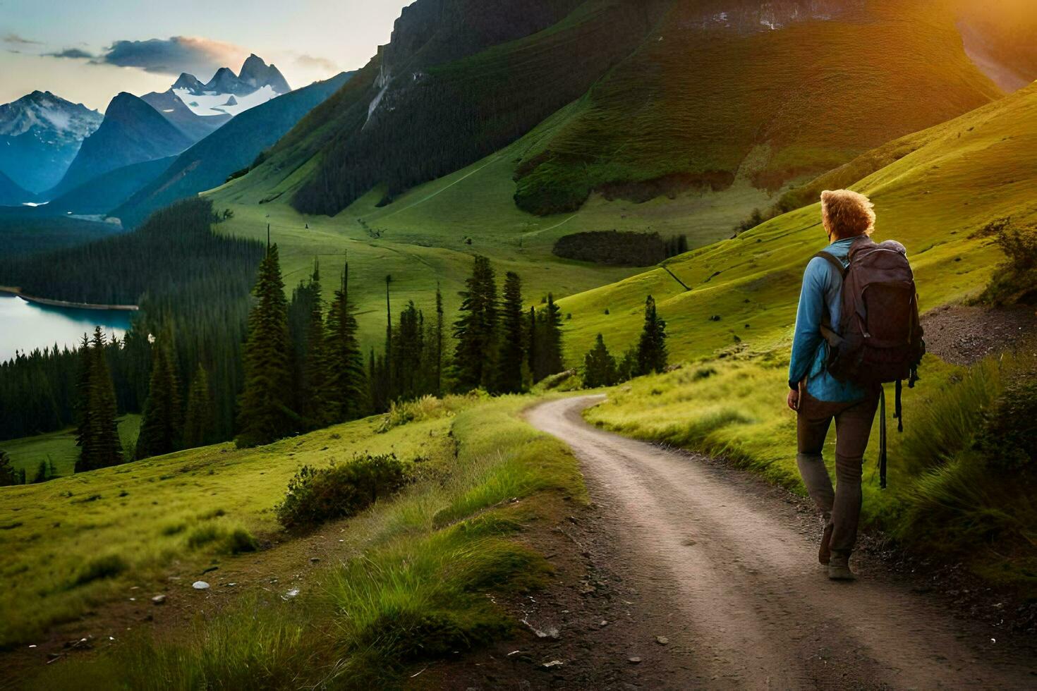 a man with a backpack walks down a path in the mountains. AI-Generated photo