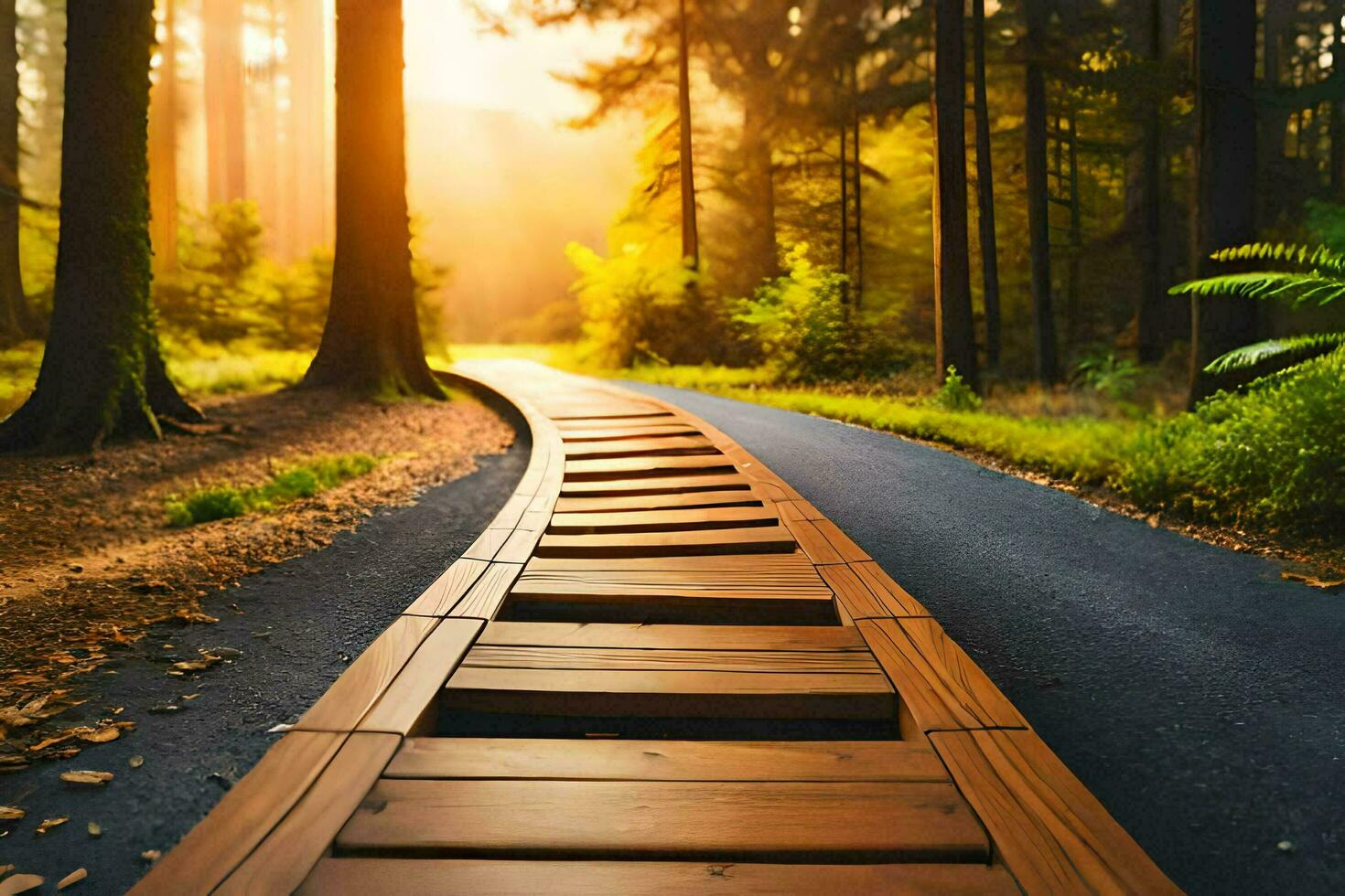 a wooden path in the forest with the sun shining. AI-Generated photo