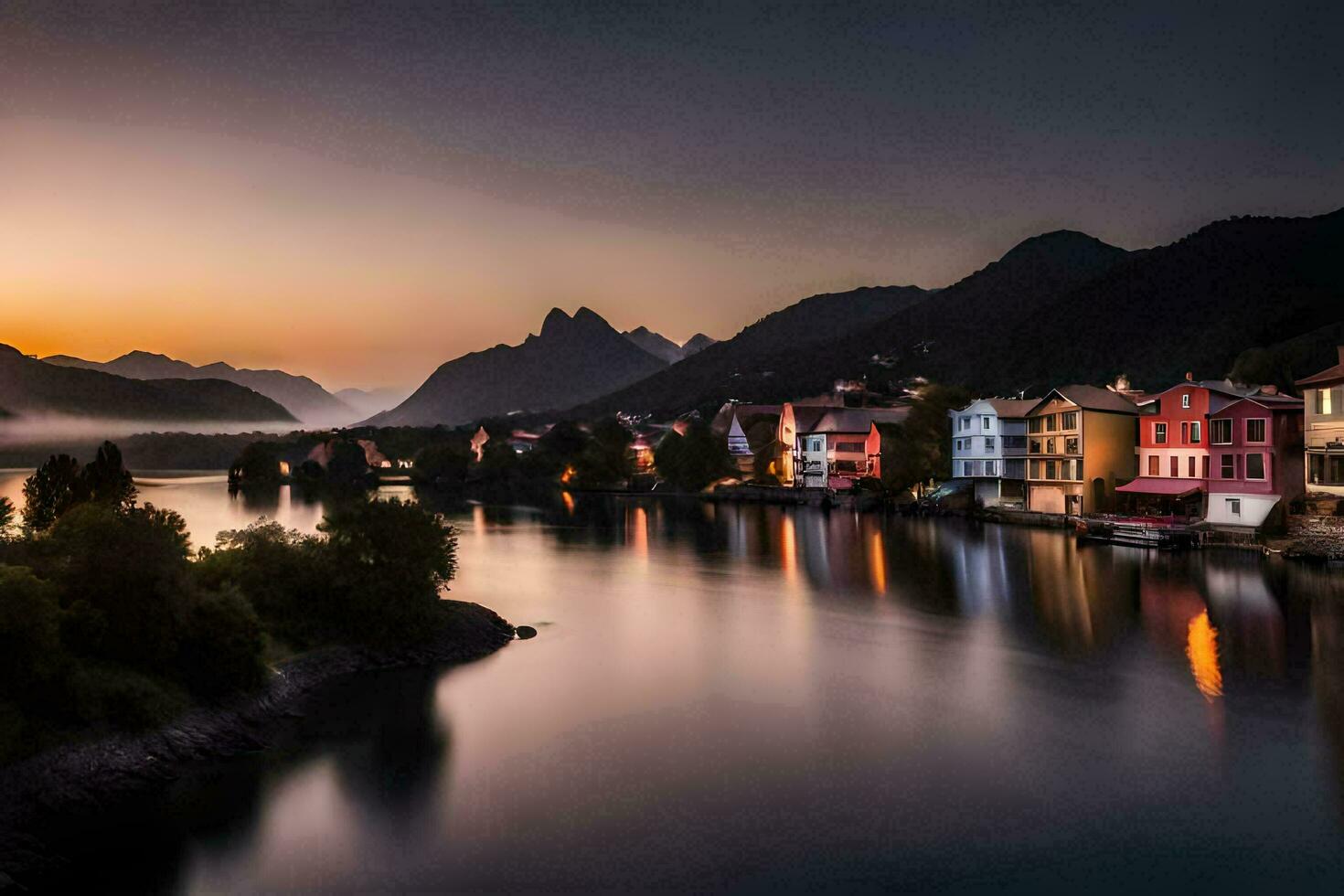un río y casas en el montañas a puesta de sol. generado por ai foto