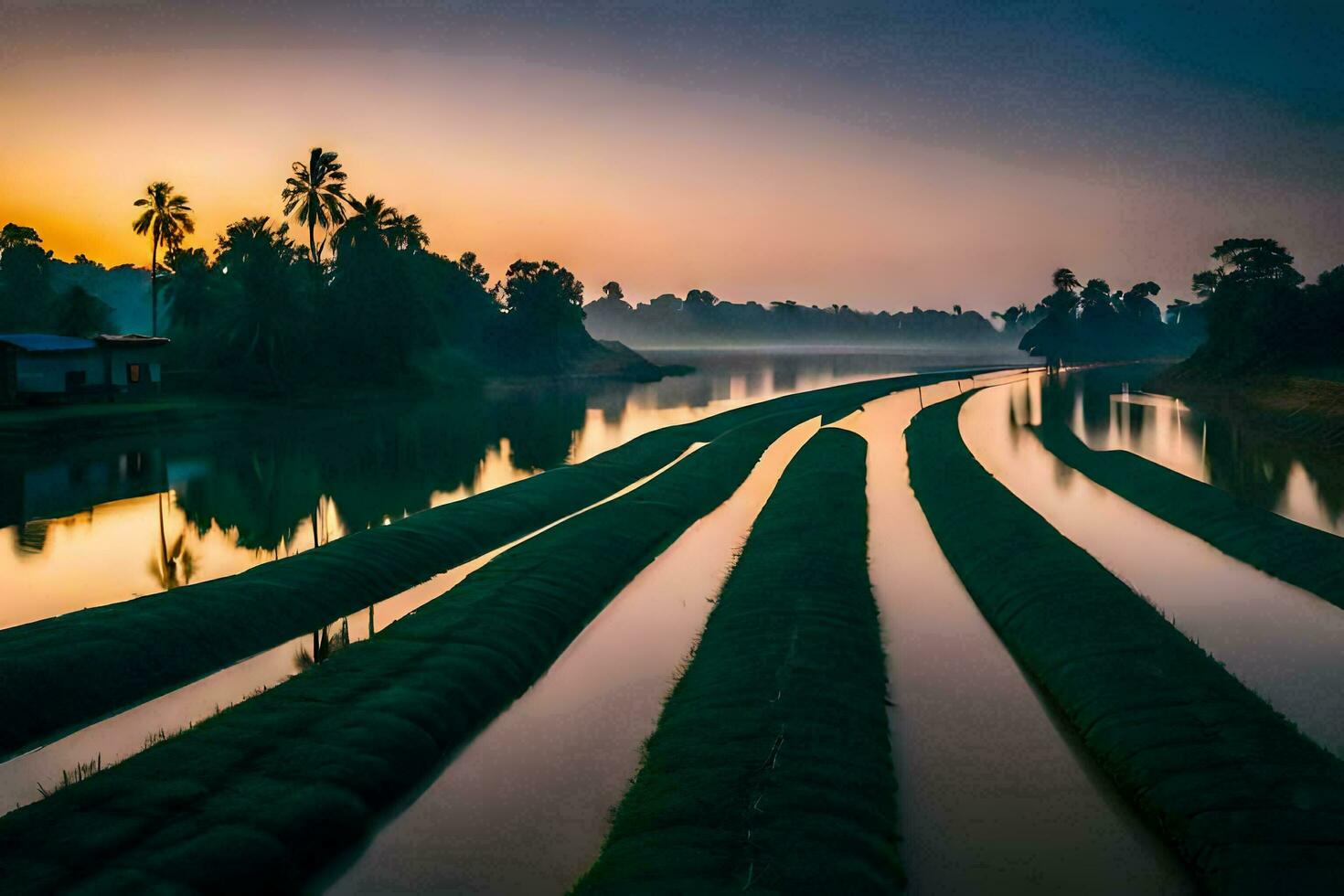 a river at sunrise with grass and trees. AI-Generated photo