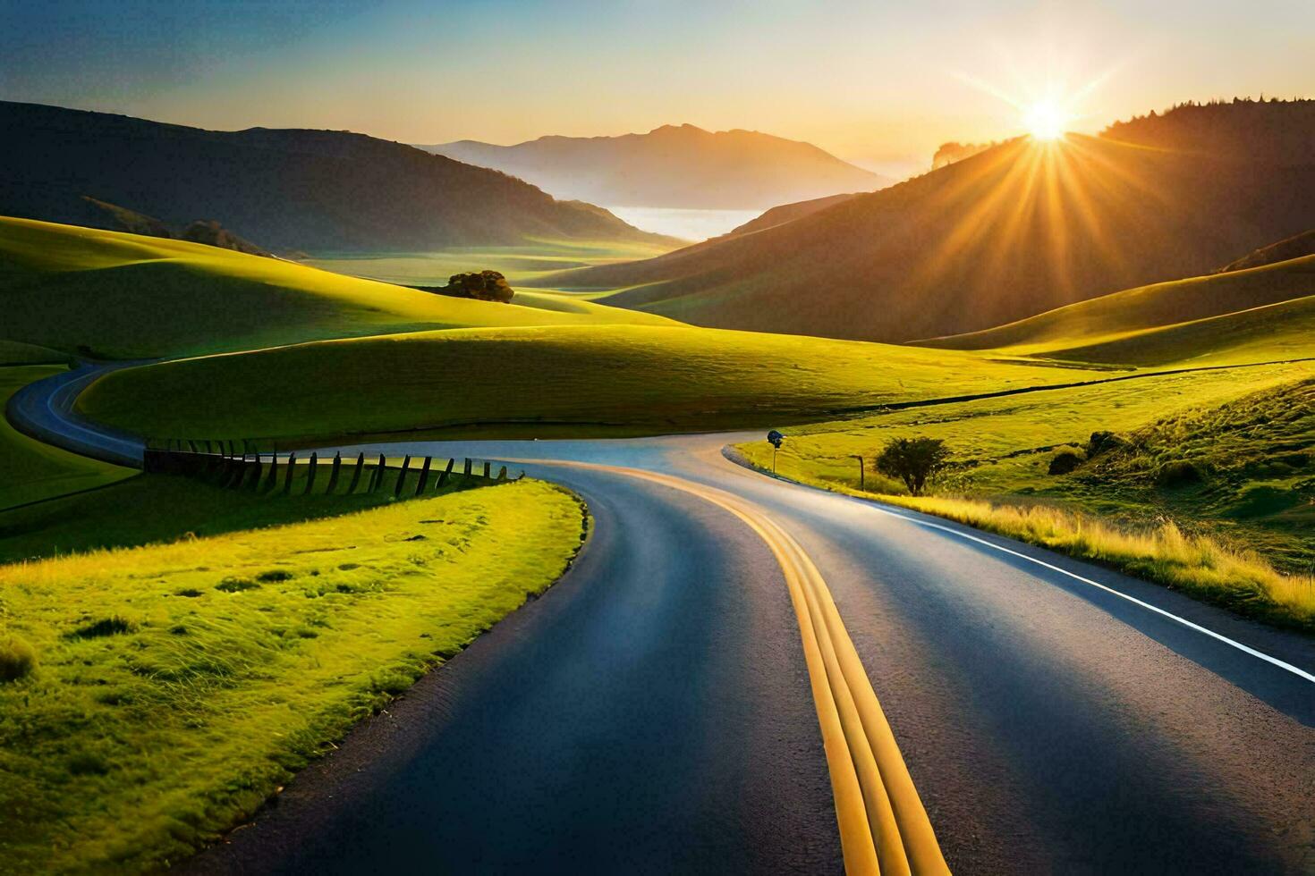 the sun shines over a winding road in the middle of a green valley. AI-Generated photo