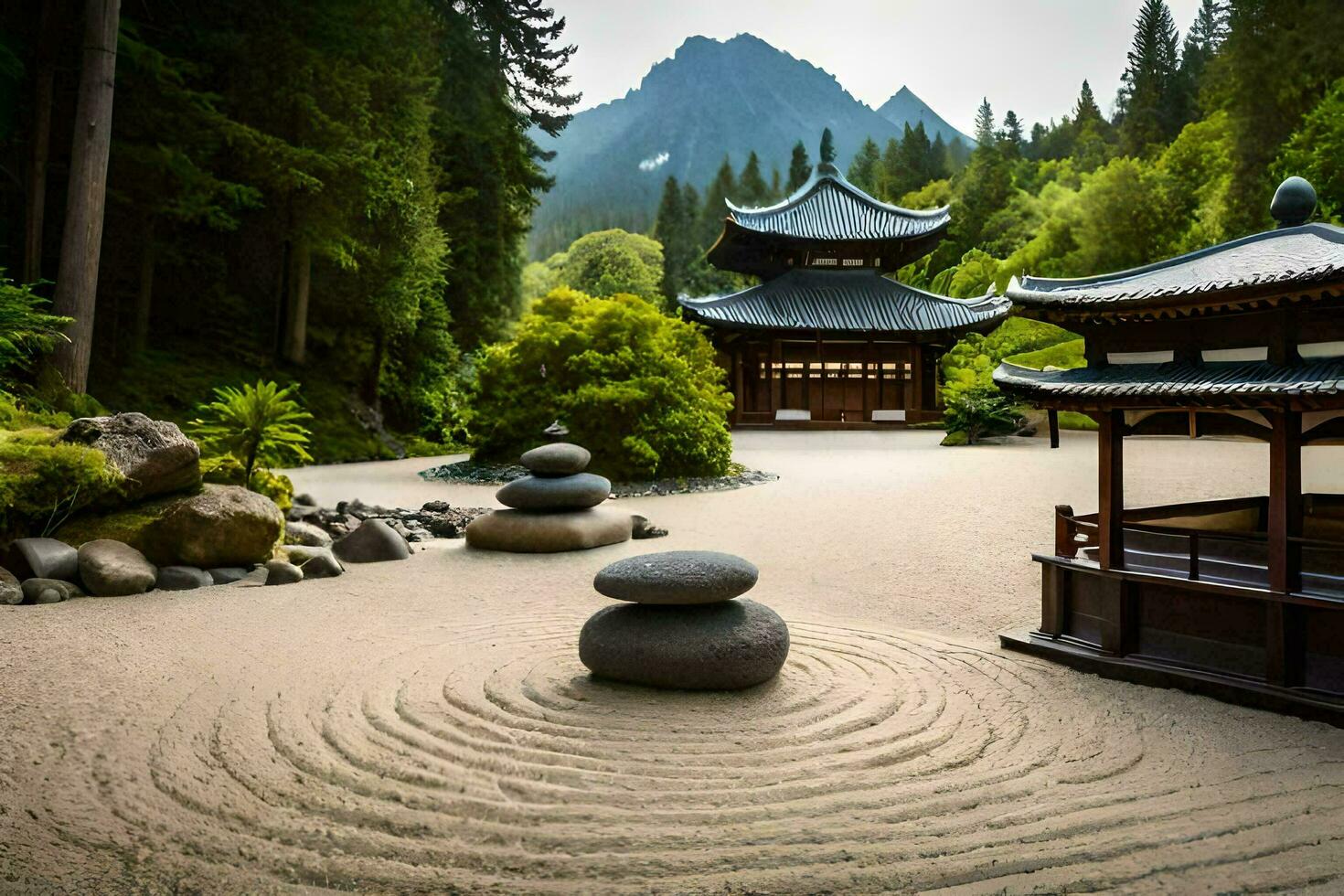 a zen garden with rocks and a pagoda. AI-Generated photo