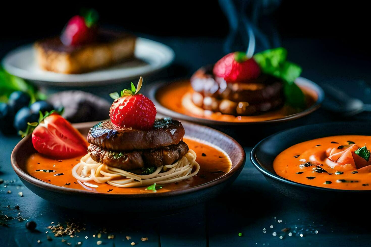 three bowls of soup with meat and strawberries. AI-Generated photo