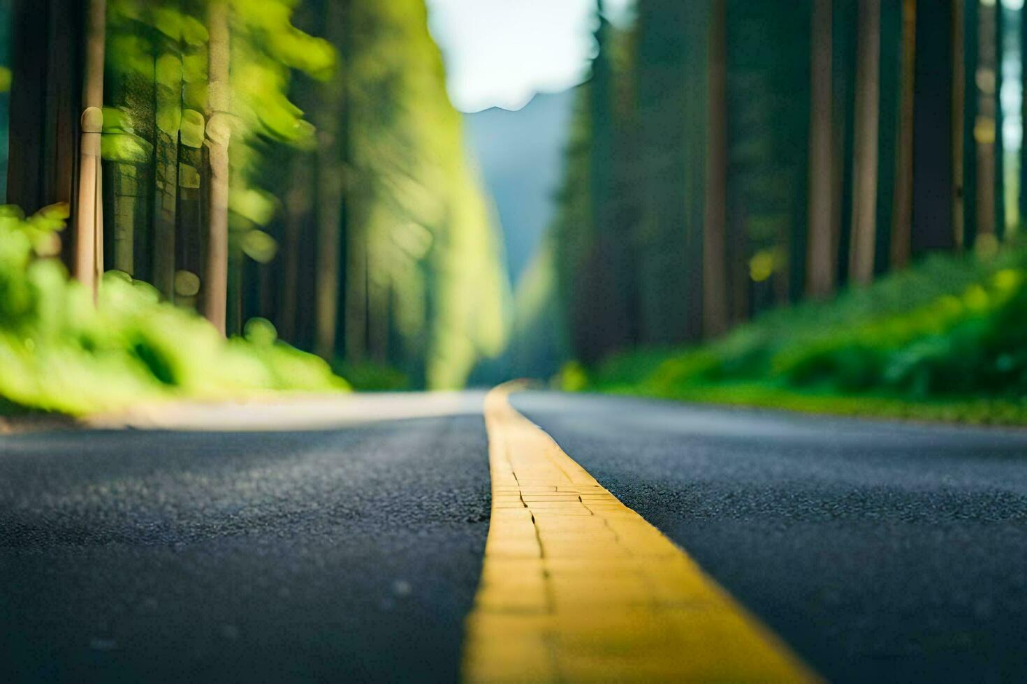 un la carretera en el bosque con arboles y amarillo líneas. generado por ai foto