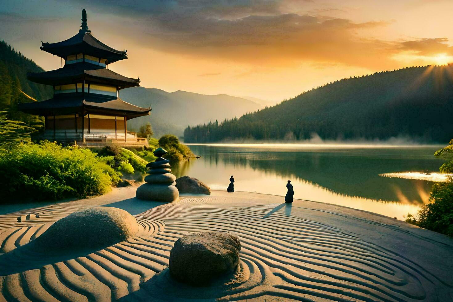 el zen jardín a puesta de sol. generado por ai foto