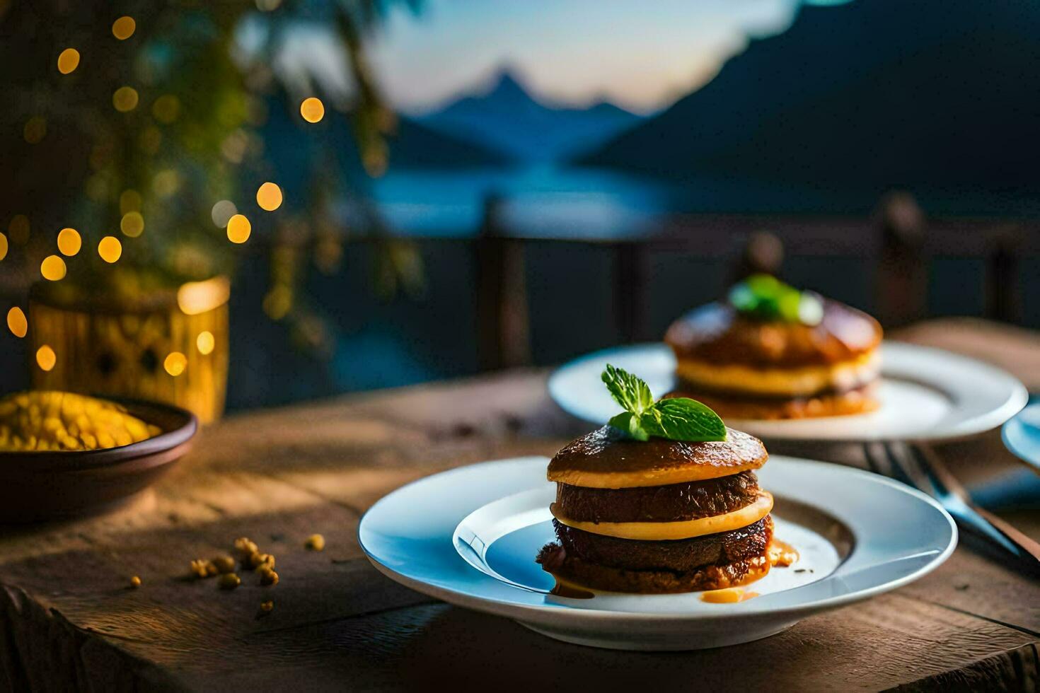 dos pasteles sentar en un mesa con un ver de el montañas. generado por ai foto