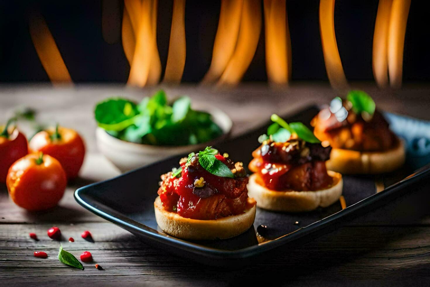 small appetizers on a black plate with tomatoes and herbs. AI-Generated photo