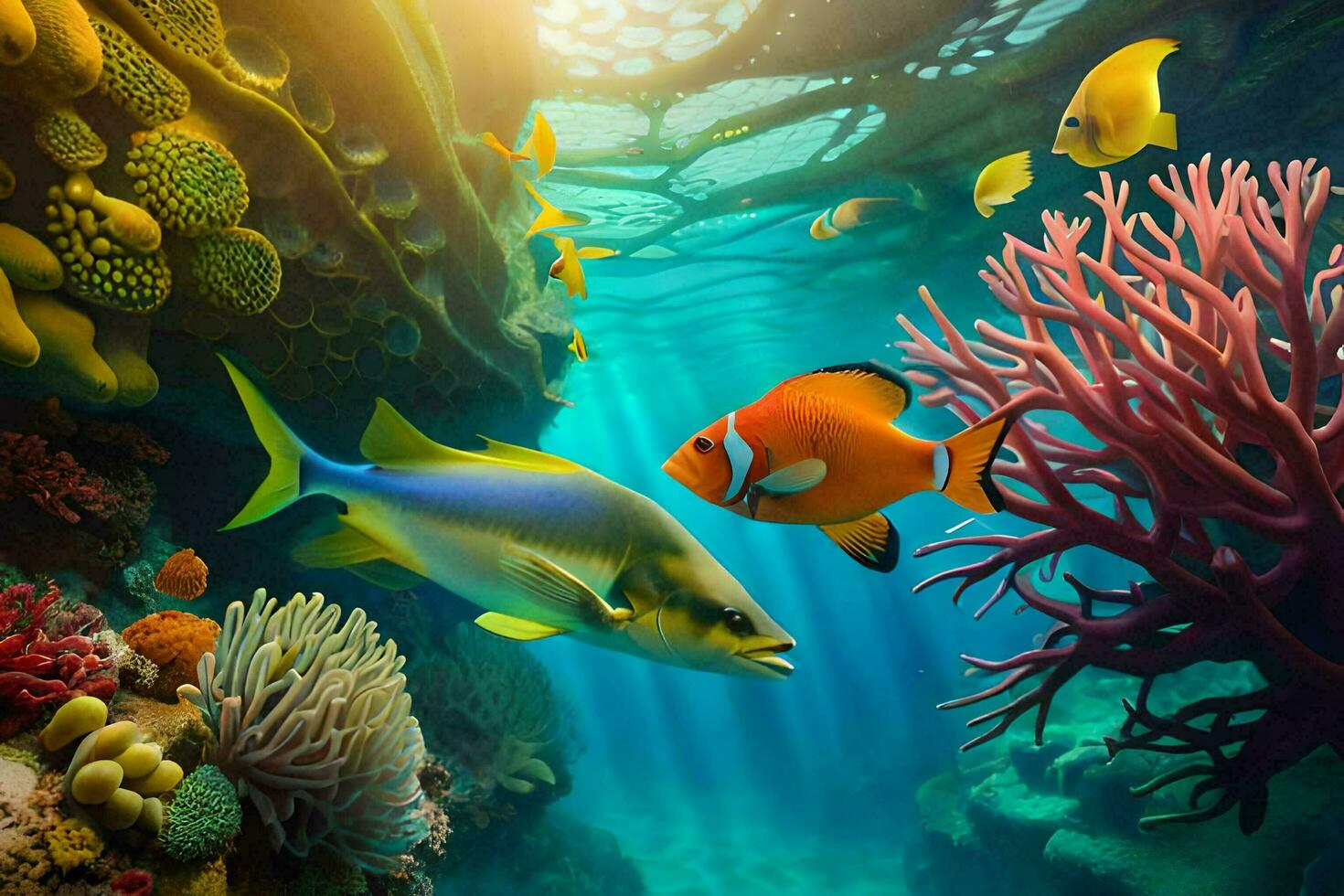 an underwater scene with fish and coral. AI-Generated photo