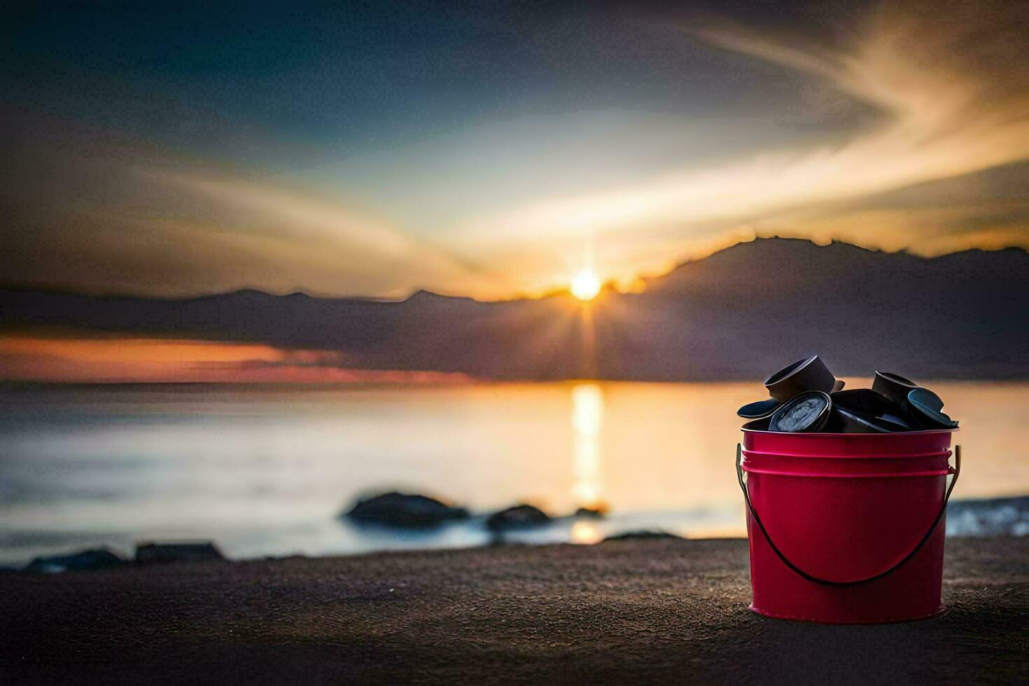 a red bucket with rocks on the beach at sunset. AI-Generated photo
