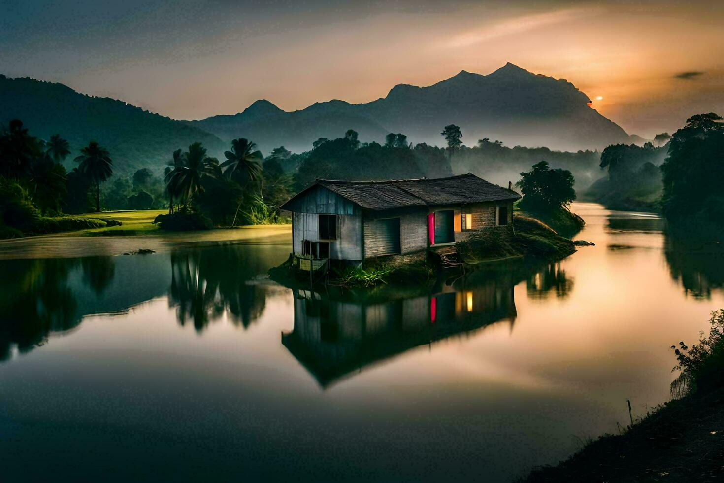 un casa en un pequeño isla en el medio de un río. generado por ai foto