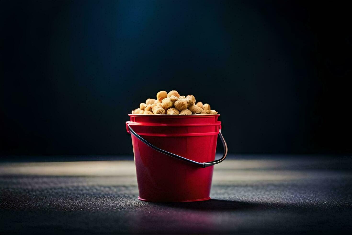 a red bucket filled with peanuts on a dark background. AI-Generated photo