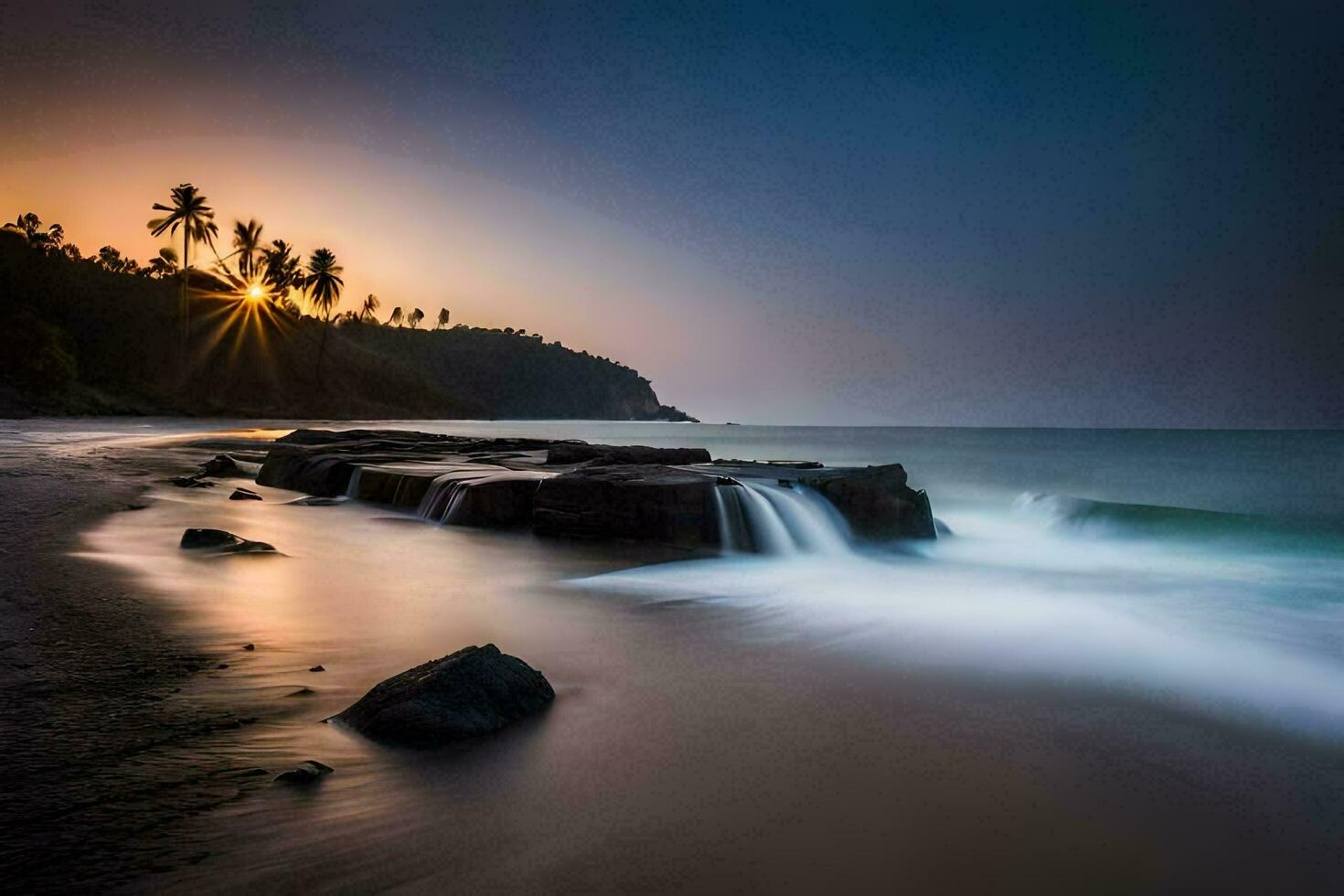 a sunset over the ocean with waves crashing into the shore. AI-Generated photo