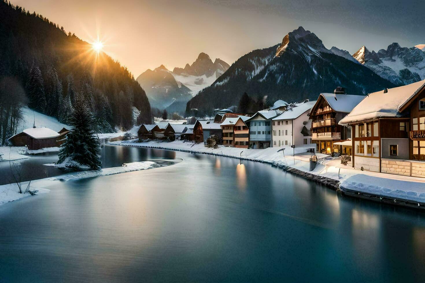 un río carreras mediante un Nevado montaña pueblo a puesta de sol. generado por ai foto