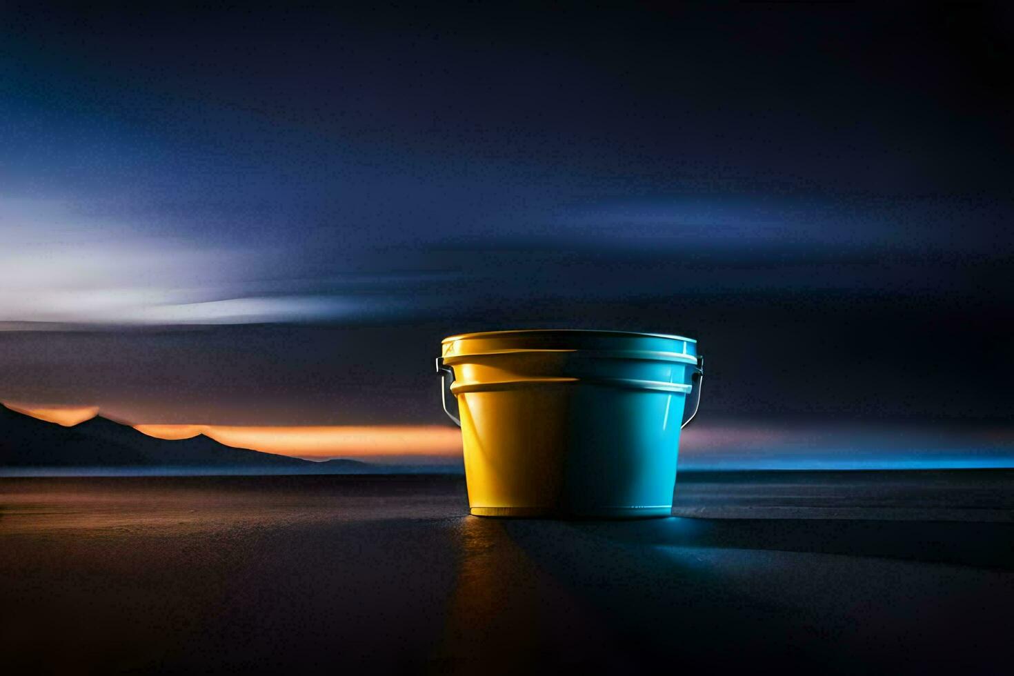 a bucket sitting on the beach at night. AI-Generated photo