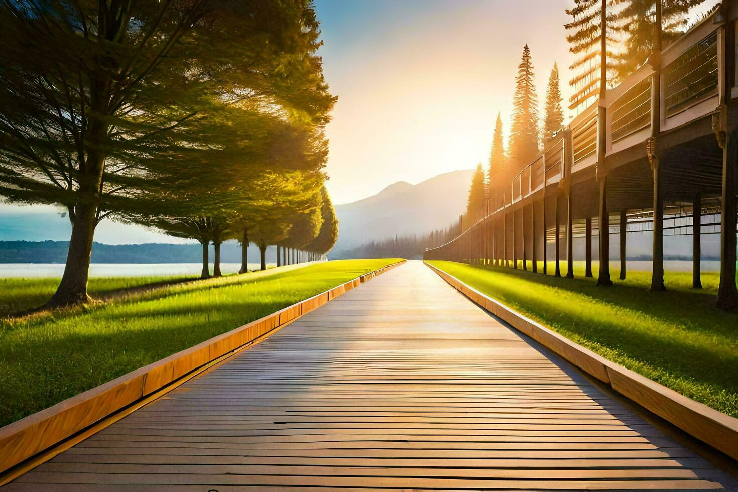 a wooden walkway leads to a lake and mountains. AI-Generated photo