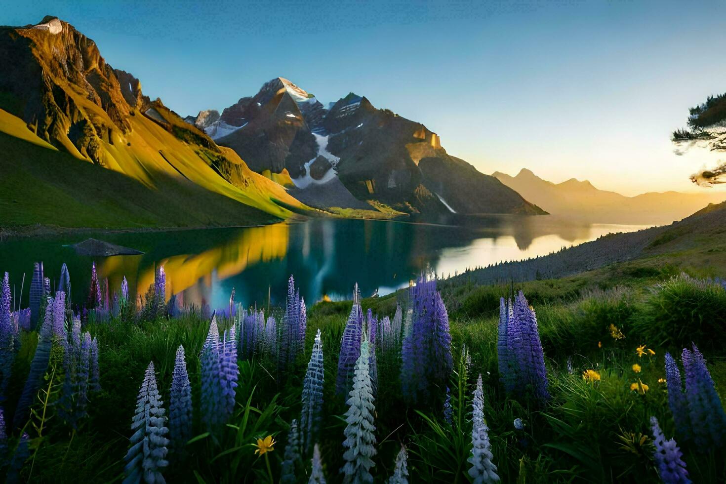 the lake is surrounded by mountains and flowers at sunset. AI-Generated photo